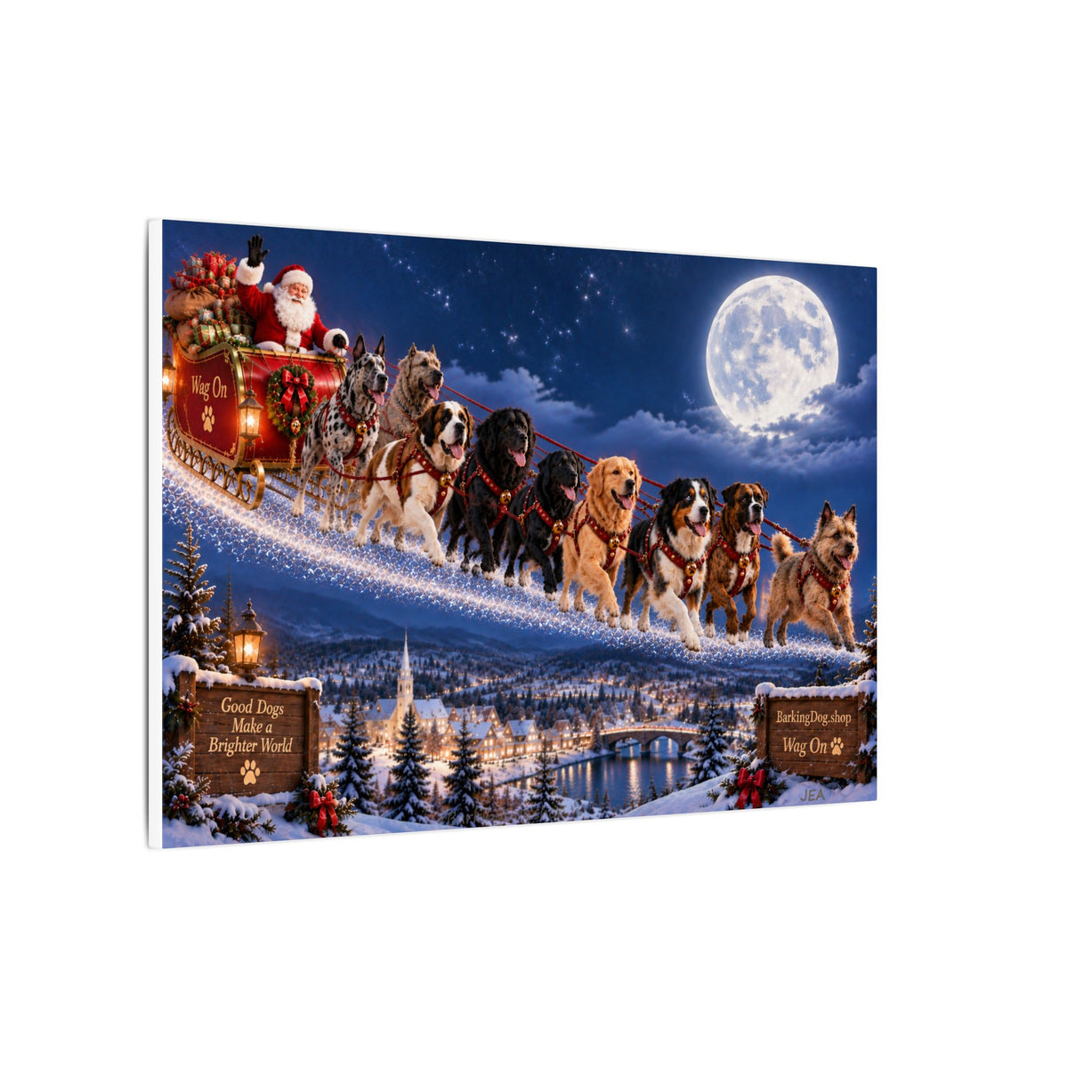 Christmas Santa Sleigh Canvas Wall Art Dogs Holiday Winter Night Wall Hanging BarkingDog Shop