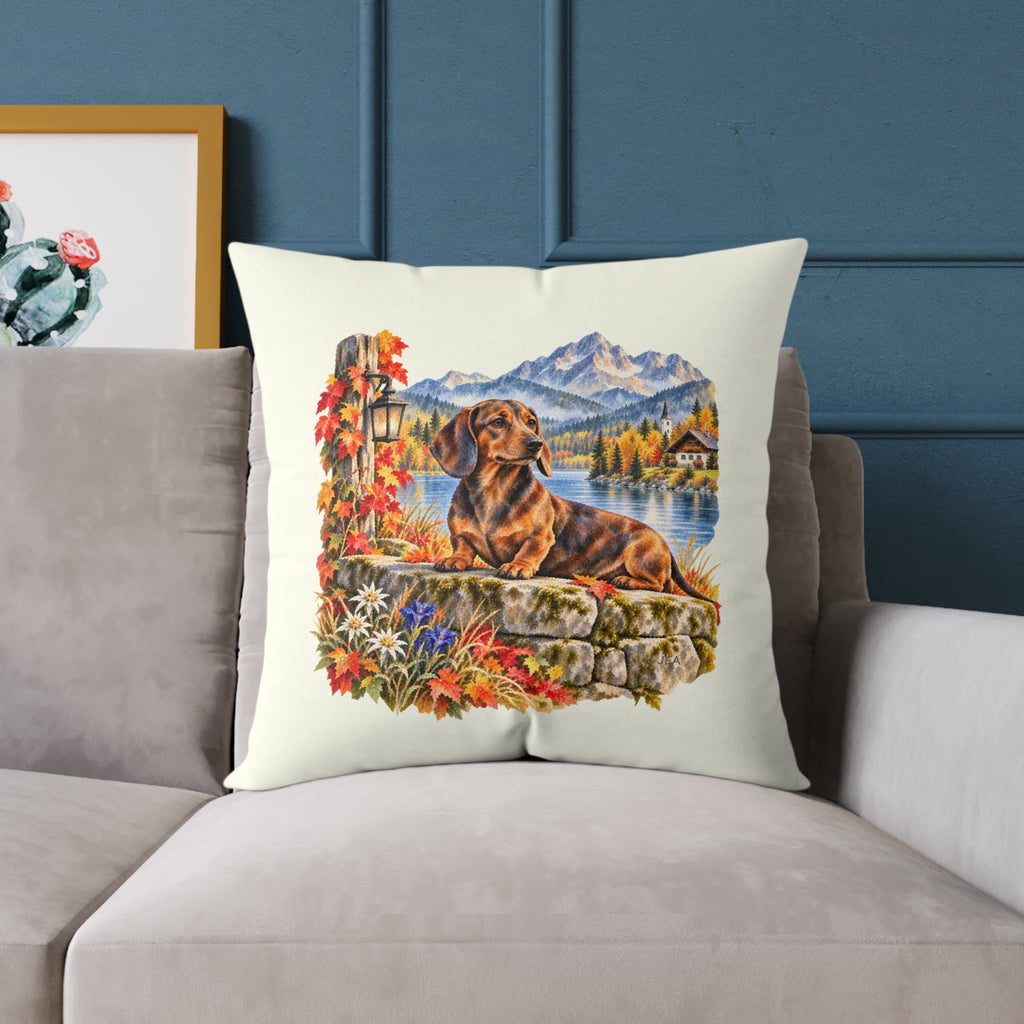 Dachshund Bavarian Alps Autumn Throw Pillow Ivory Home Decor Collection Alpine Lake Dog Decor BarkingDog Shop