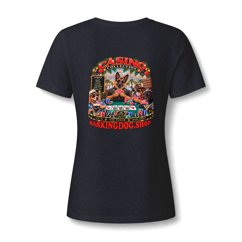 German Shepherd Poker Womens V Neck T Shirt Casino Collection Funny Casino Dog Graphic Tee Wag On BarkingDog Shop