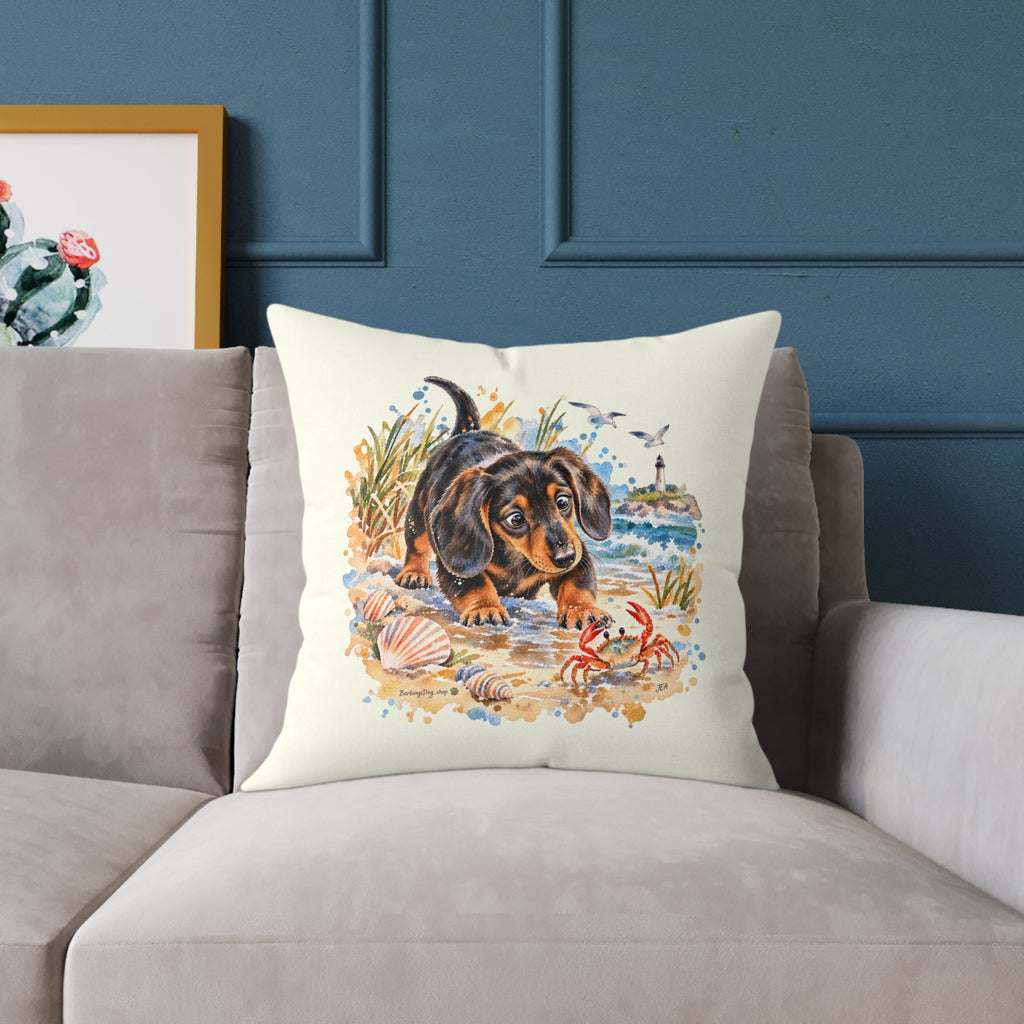Dachshund Bewildered by Crab Beach Throw Pillow Ivory Home Decor Collection Funny Coastal Dog Decor BarkingDog Shop