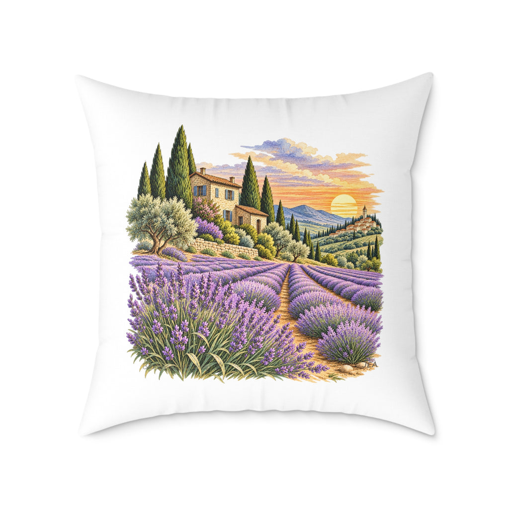 Lavender Fields Woodcut Relief Throw Pillow White Floral Landscape Home Decor BarkingDog Shop