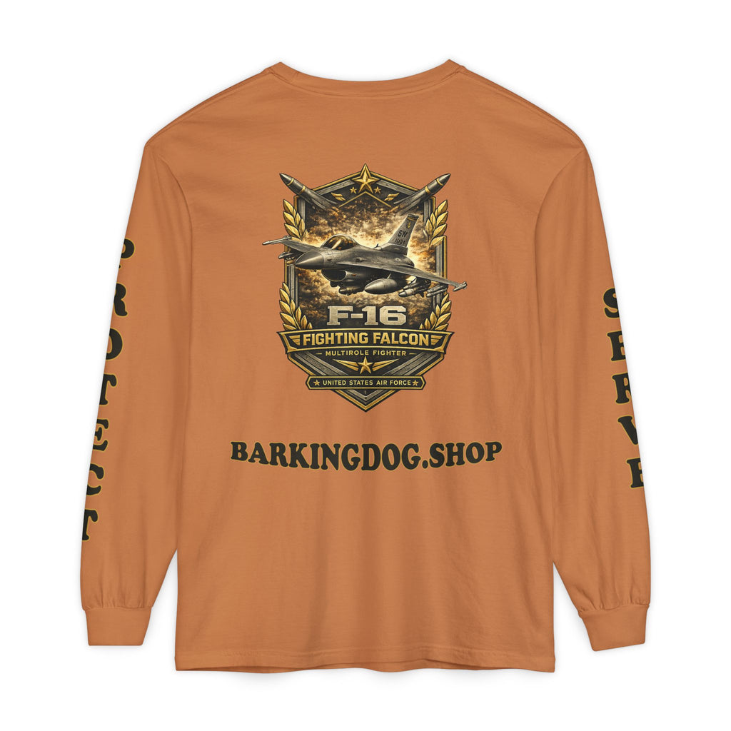 F-16 Fighting Falcon Long Sleeve Tee — Barking Dog 'Wag On' Military Air Force Tribute