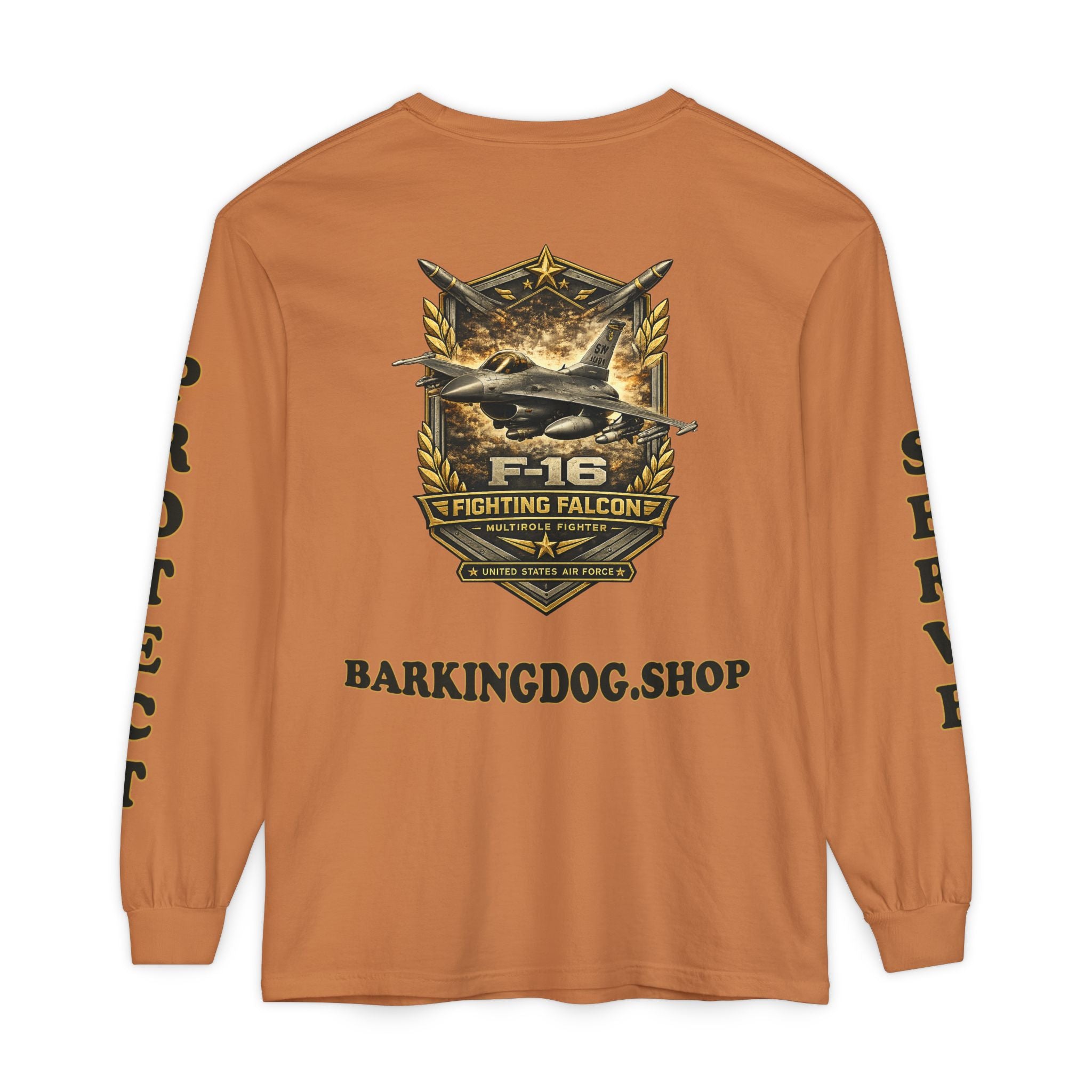 F-16 Fighting Falcon Long Sleeve Tee — Barking Dog 'Wag On' Military Air Force Tribute
