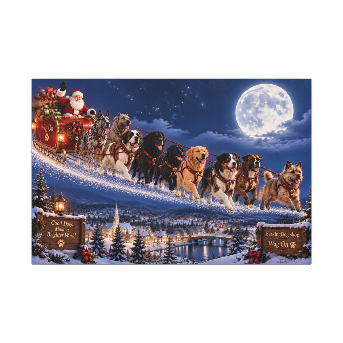 Christmas Santa Sleigh Canvas Wall Art Dogs Holiday Winter Night Wall Hanging BarkingDog Shop