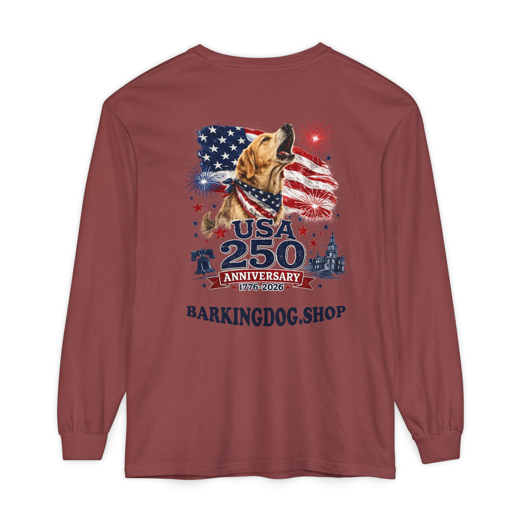 USA 250th Anniversary Long Sleeve T-Shirt — Patriotic Dog Flag Design