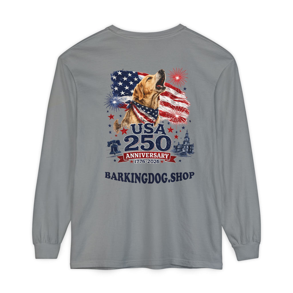 USA 250th Anniversary Long Sleeve T-Shirt — Patriotic Dog Flag Design