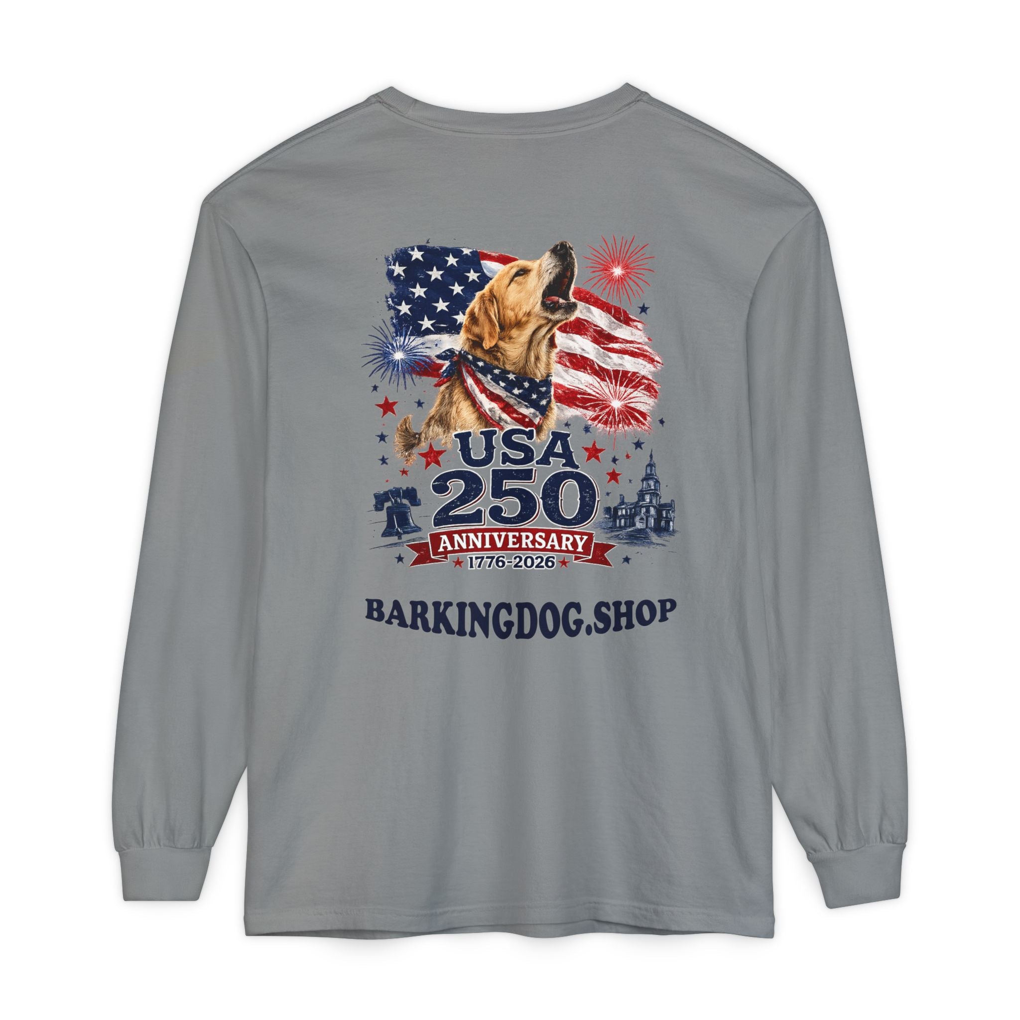 USA 250th Anniversary Long Sleeve T-Shirt — Patriotic Dog Flag Design