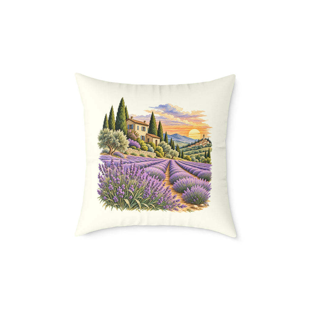 Lavender Fields Woodcut Relief Throw Pillow Ivory Floral Landscape Home Decor BarkingDog Shop