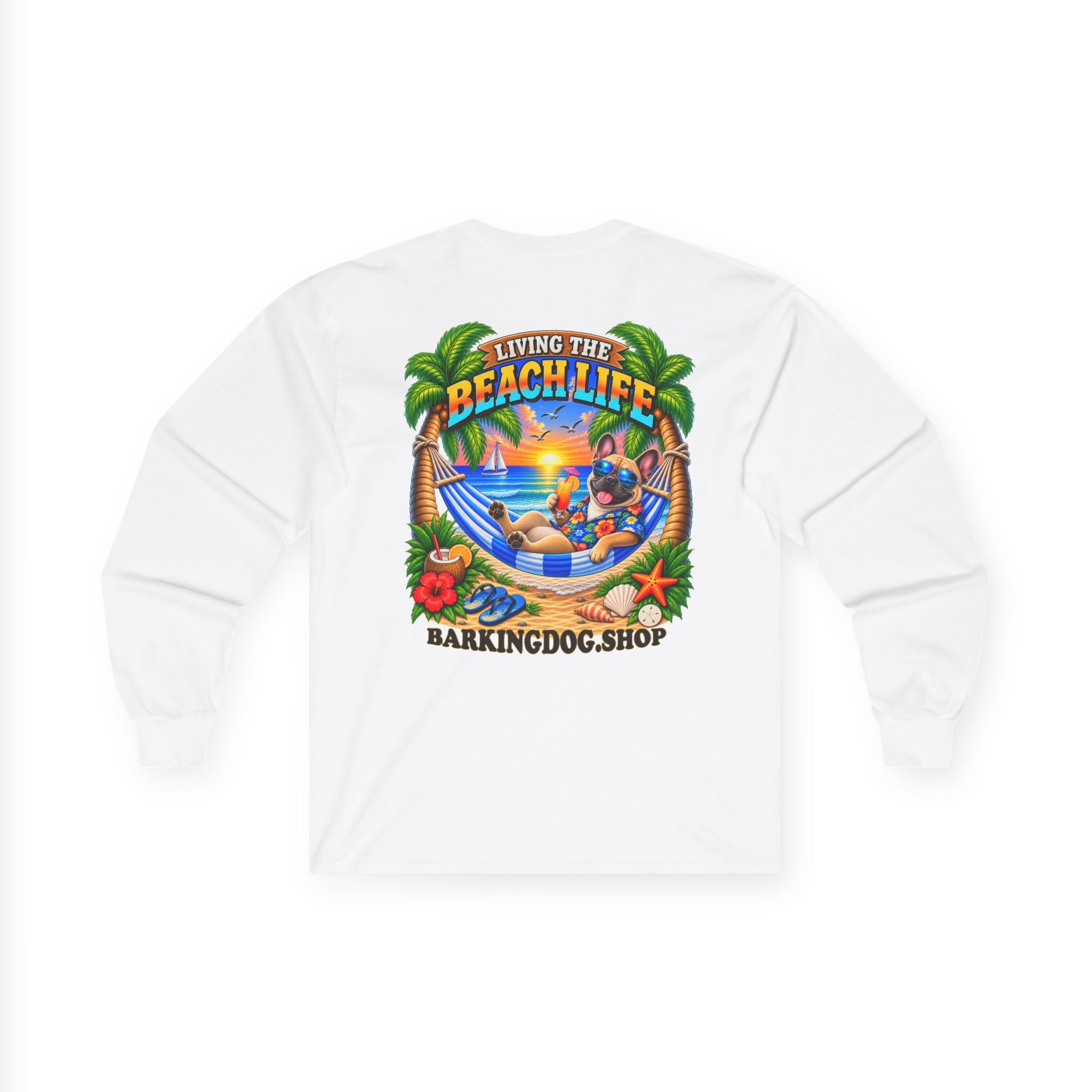 French Bulldog Beach Life Canine Long Sleeve T Shirt Beach Collection Hammock Tropical Dog Graphic Tee Wag On BarkingDog Shop