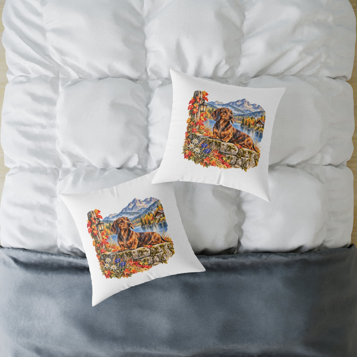 Dachshund Bavarian Alps Autumn Throw Pillow White Home Decor Collection Alpine Lake Dog Decor BarkingDog Shop