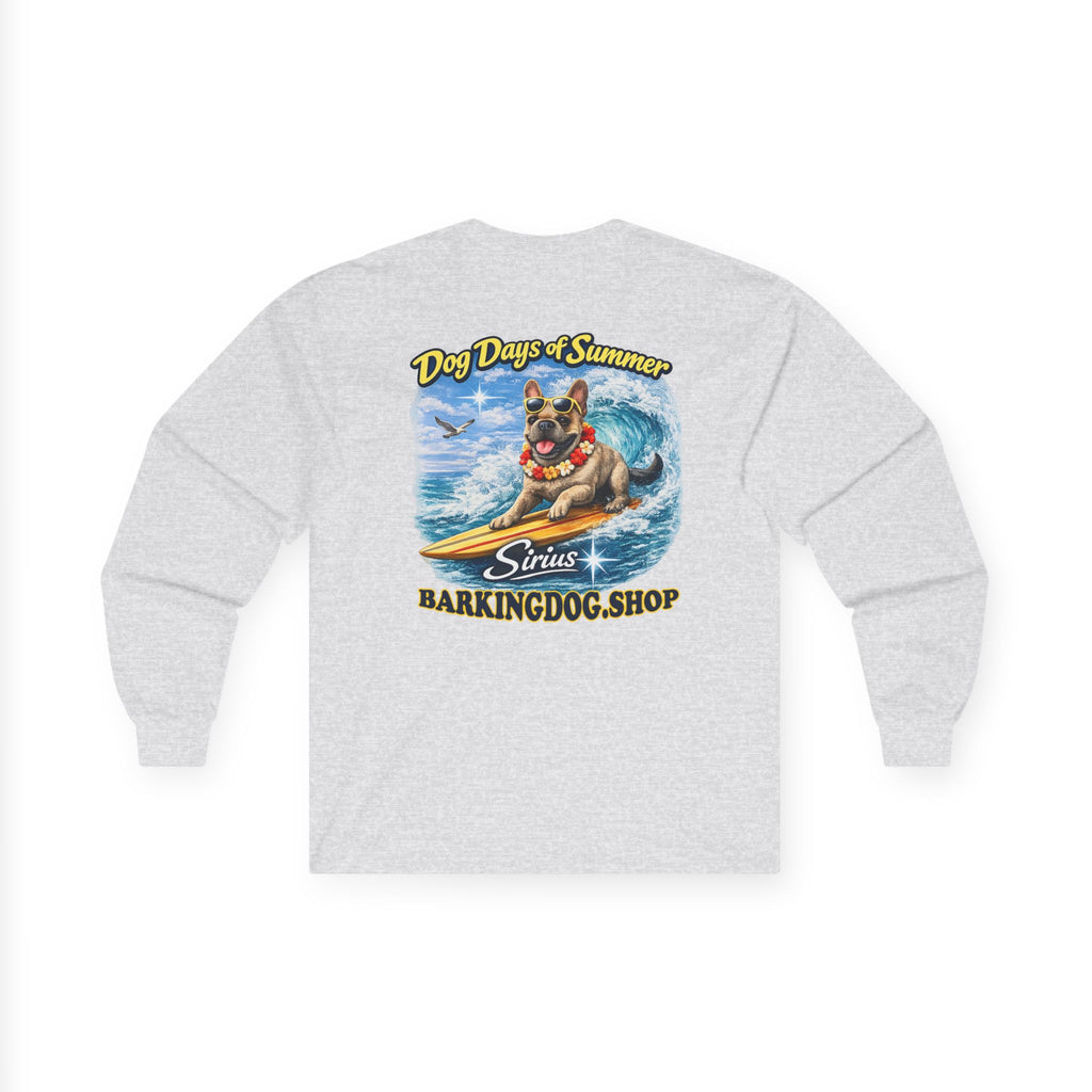 French Bulldog Dog Days of Summer Surfboard Long Sleeve T Shirt Beach Collection Surfing Dog Graphic Tee Wag On BarkingDog Shop