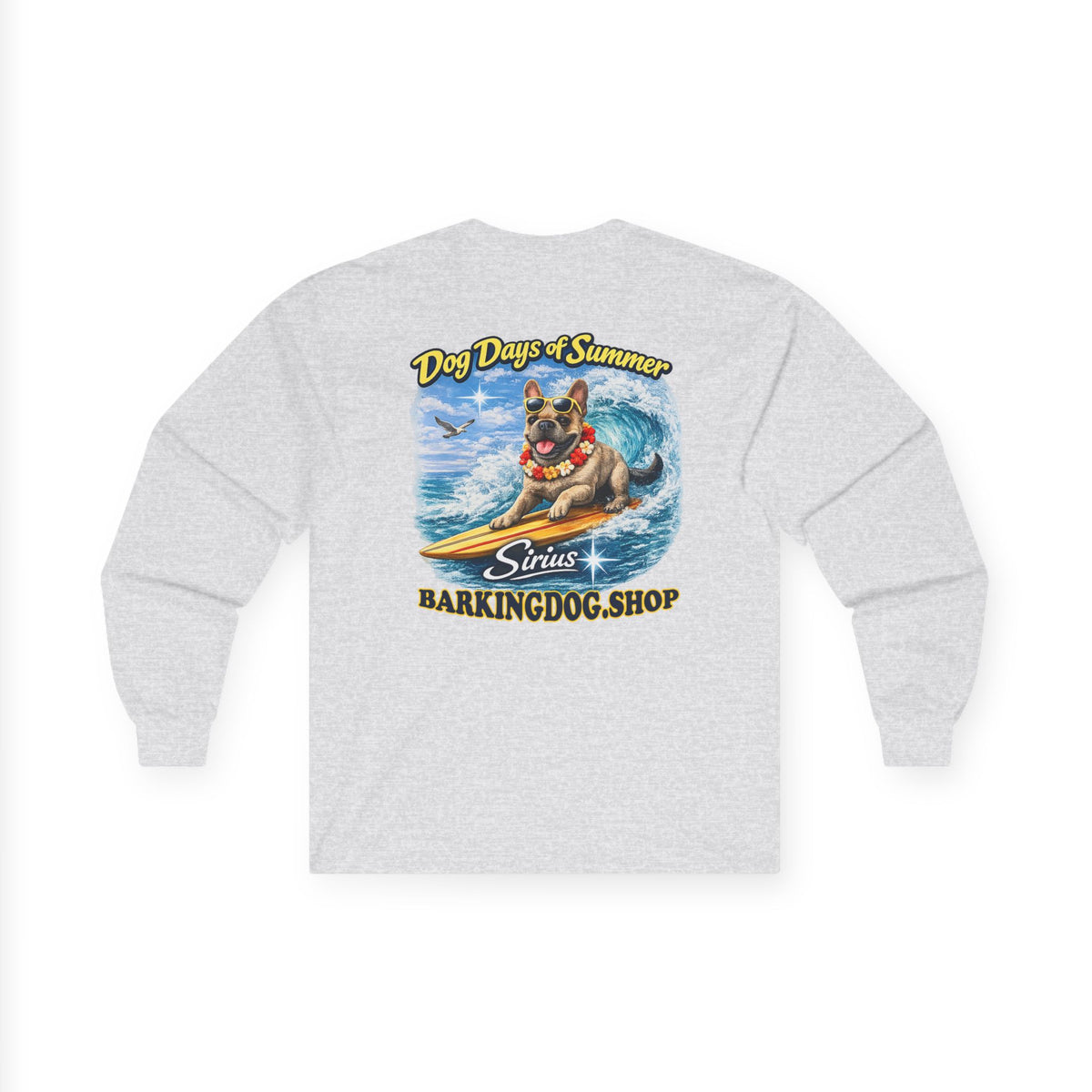 French Bulldog Dog Days of Summer Surfboard Long Sleeve T Shirt Beach Collection Surfing Dog Graphic Tee Wag On BarkingDog Shop