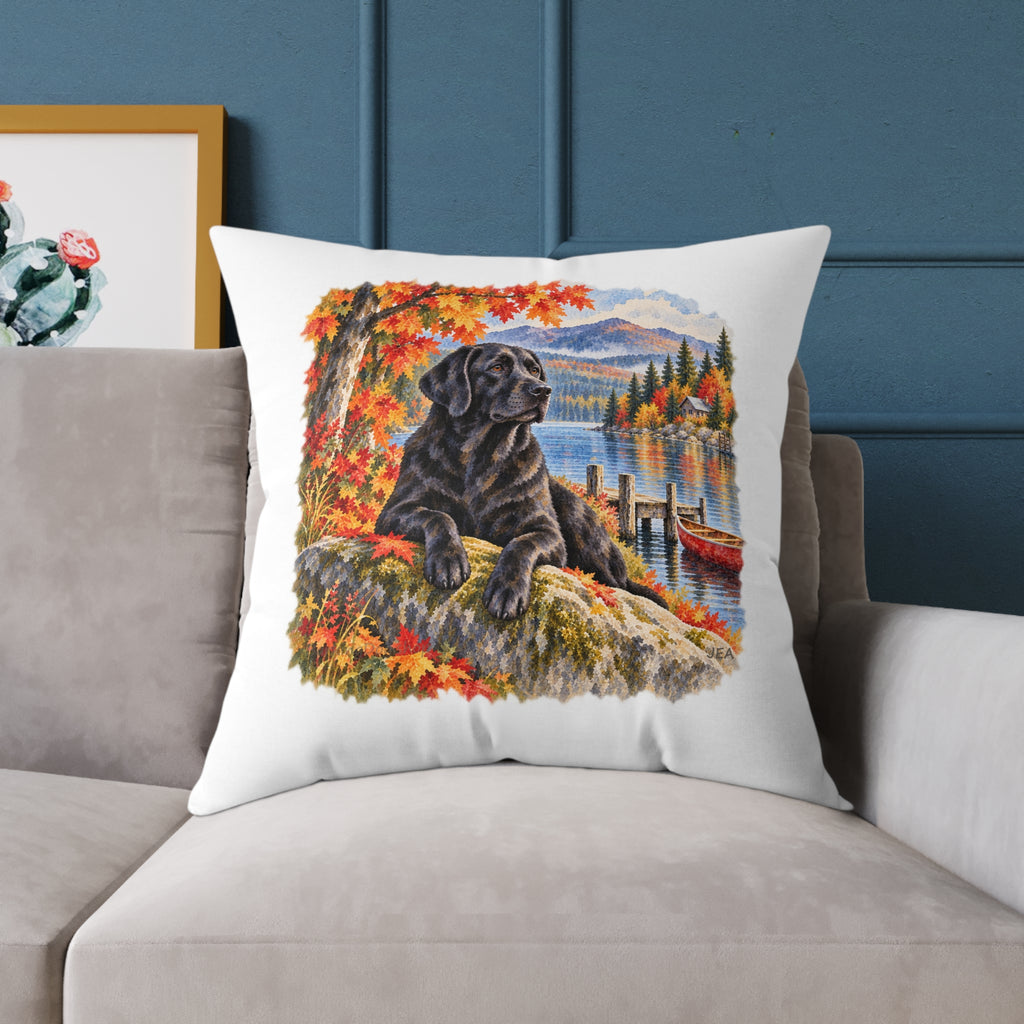 Black Labrador Maine Lake Autumn Throw Pillow White Home Decor Collection Fall Mountain Dog Decor BarkingDog Shop