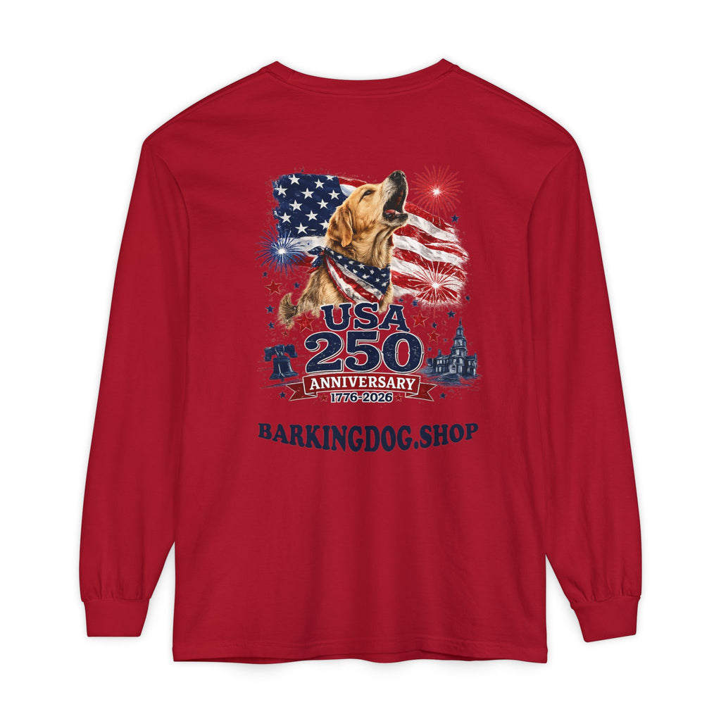 USA 250th Anniversary Long Sleeve T-Shirt — Patriotic Dog Flag Design