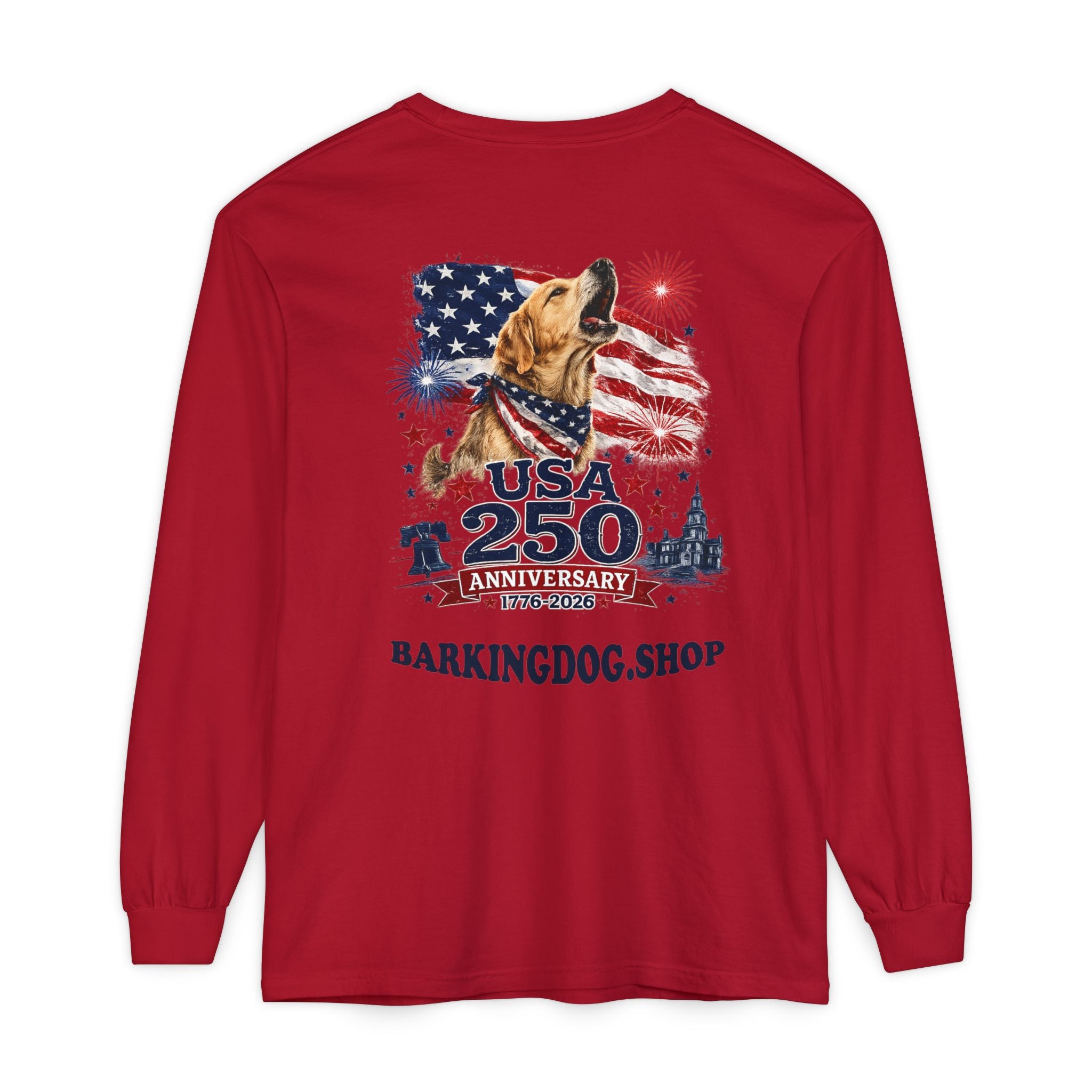 USA 250th Anniversary Long Sleeve T-Shirt — Patriotic Dog Flag Design