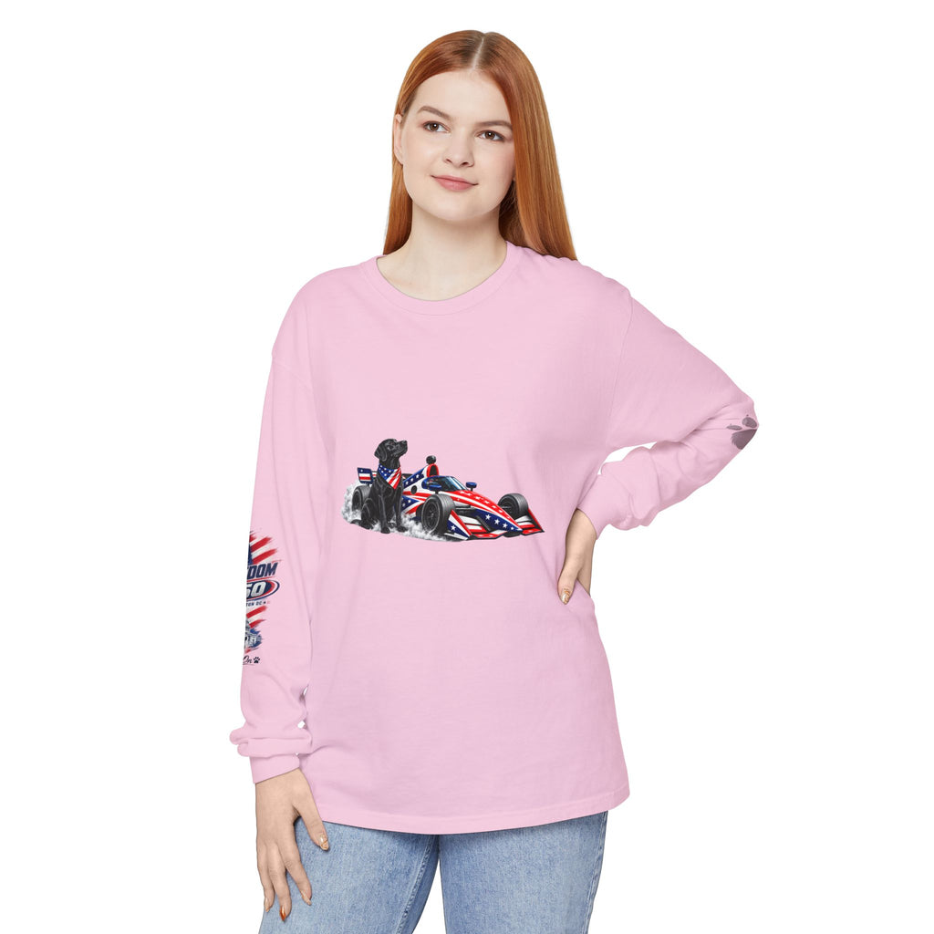 American Freedom 250 Long Sleeve T Shirt USA Country 250th Anniversary Patriotic Racing Dog Tee Wag On BarkingDog Shop