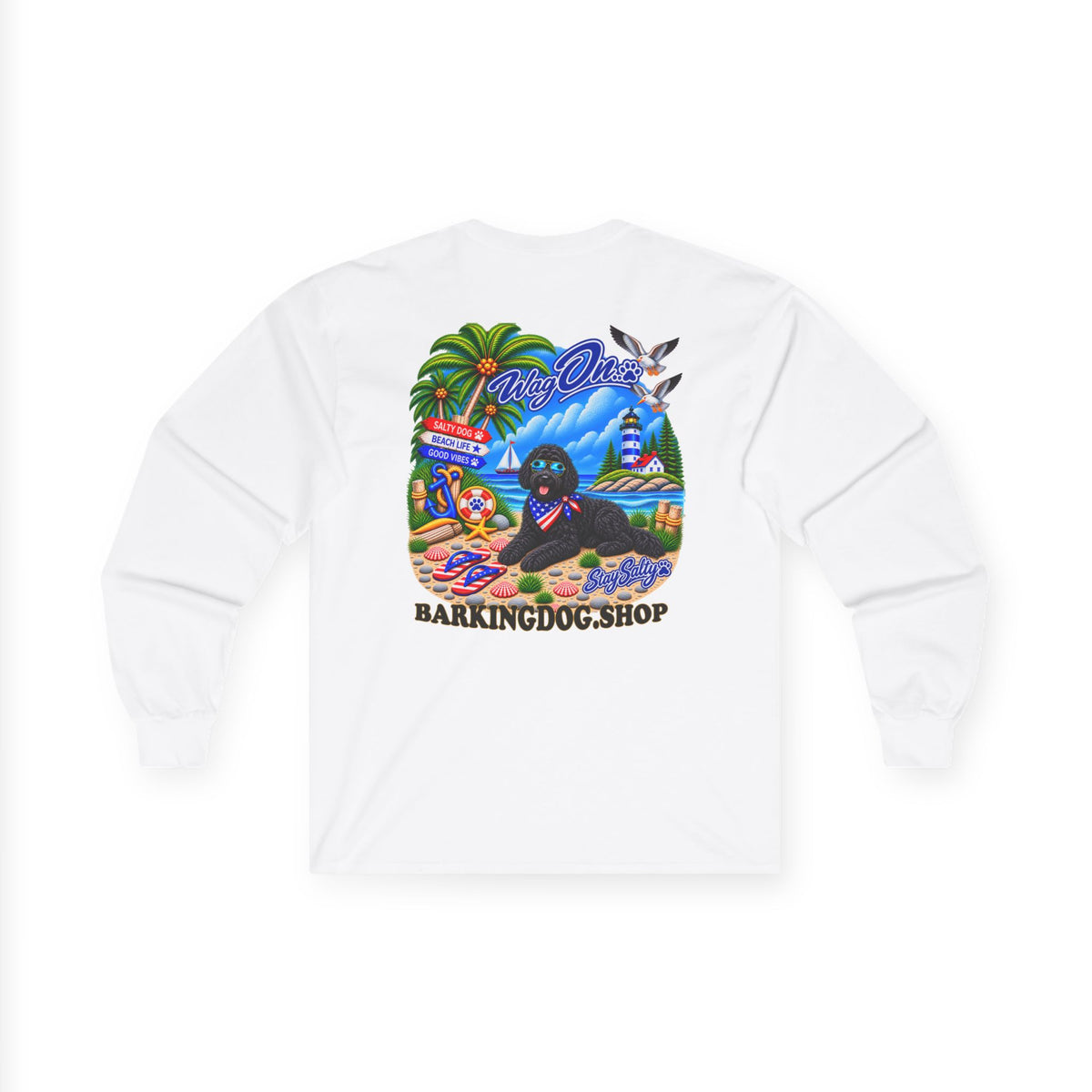 Black Berne Doodle Stay Salty Pup Long Sleeve T Shirt Beach Collection Coastal Dog Graphic Tee Wag On BarkingDog Shop
