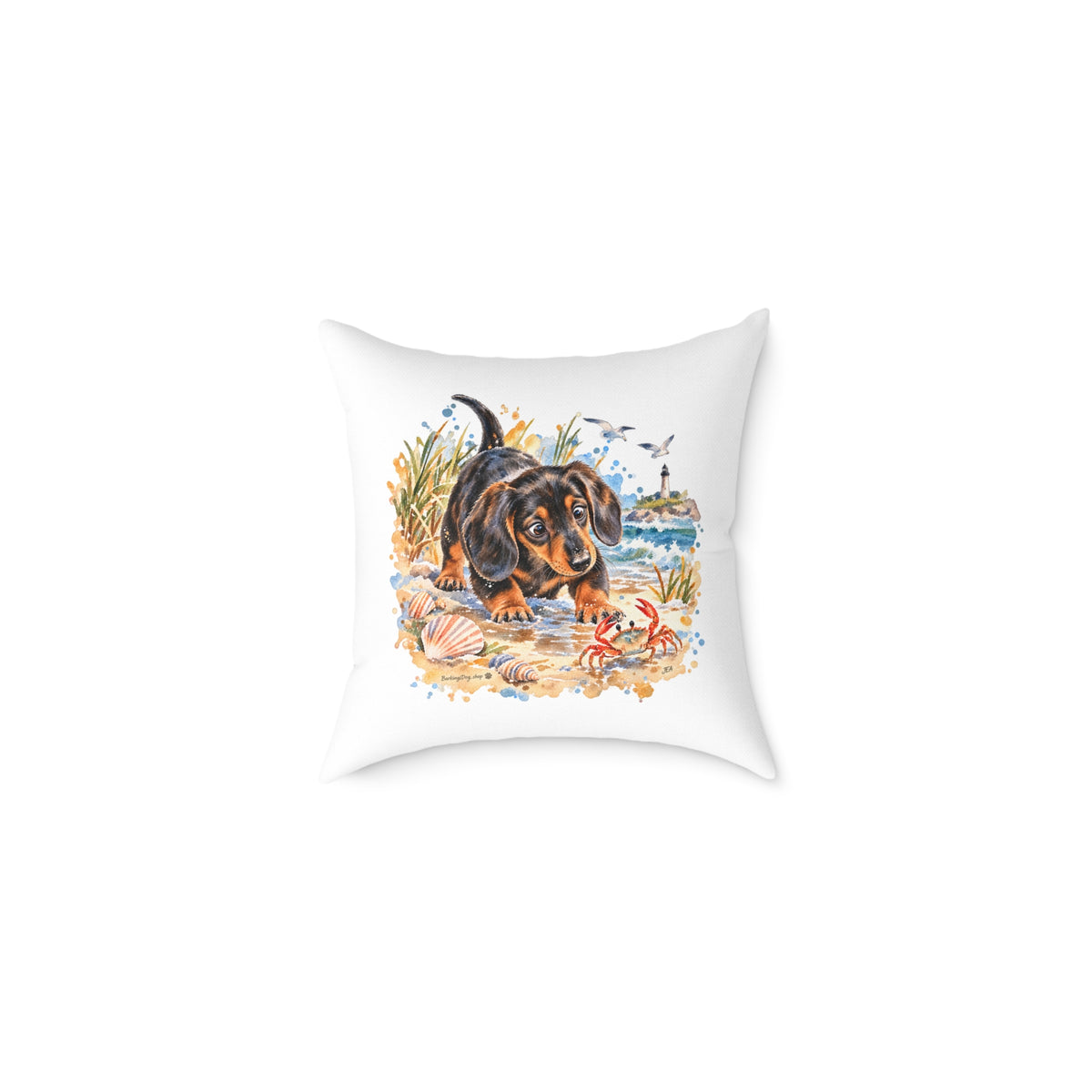 Dachshund Bewildered by Crab Beach Throw Pillow White Home Decor Collection Funny Coastal Dog Decor BarkingDog Shop