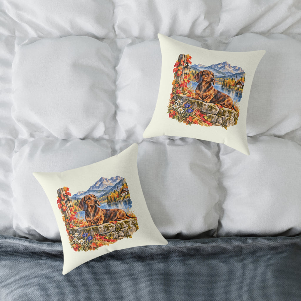 Dachshund Bavarian Alps Autumn Throw Pillow Ivory Home Decor Collection Alpine Lake Dog Decor BarkingDog Shop