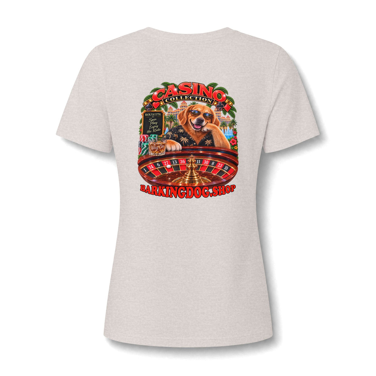 Golden Retriever Roulette Womens V Neck T Shirt Casino Collection Funny Casino Dog Graphic Tee Wag On BarkingDog Shop