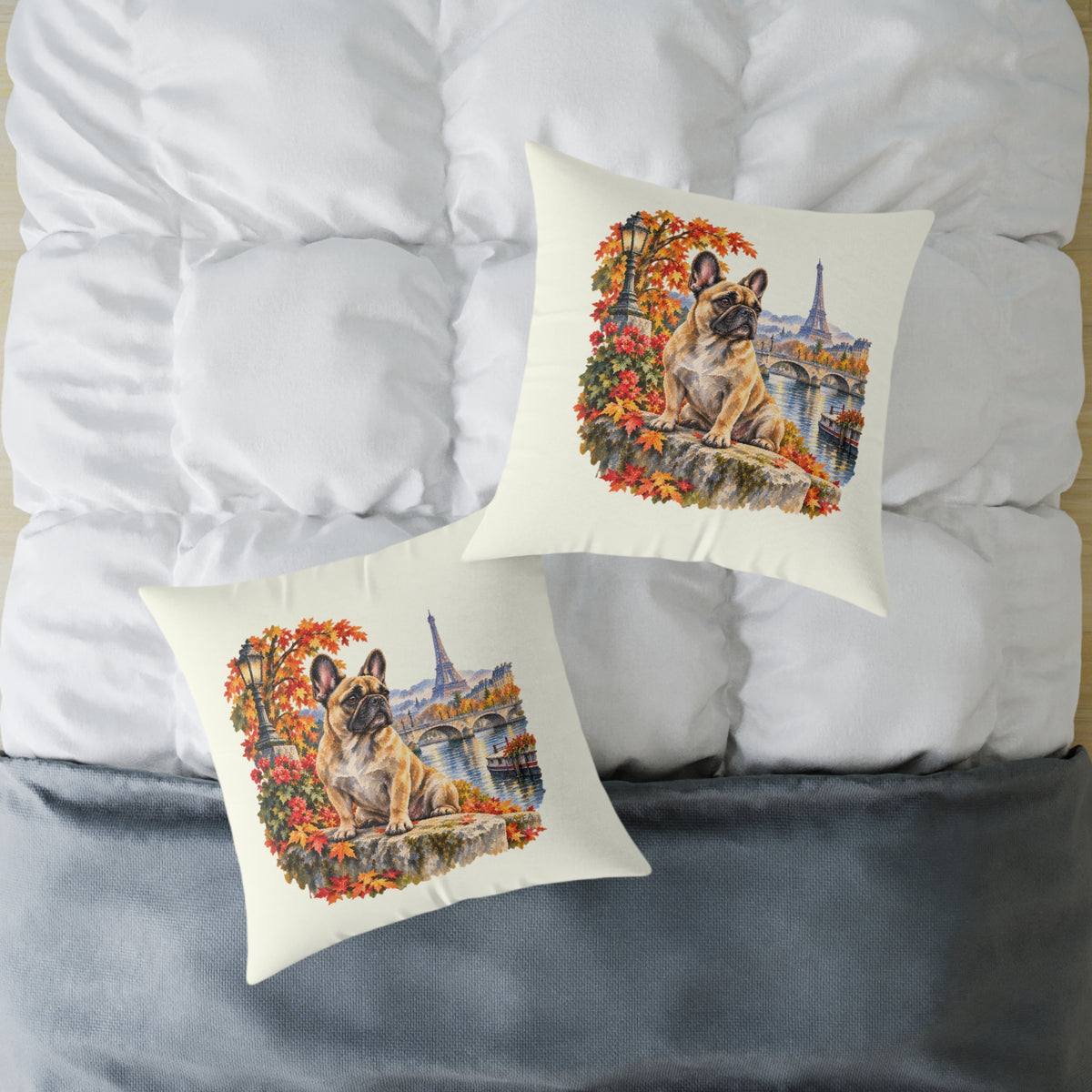 French Bulldog Paris in Autumn Throw Pillow Ivory Home Decor Collection Eiffel Tower Scenic Dog Decor BarkingDog Shop
