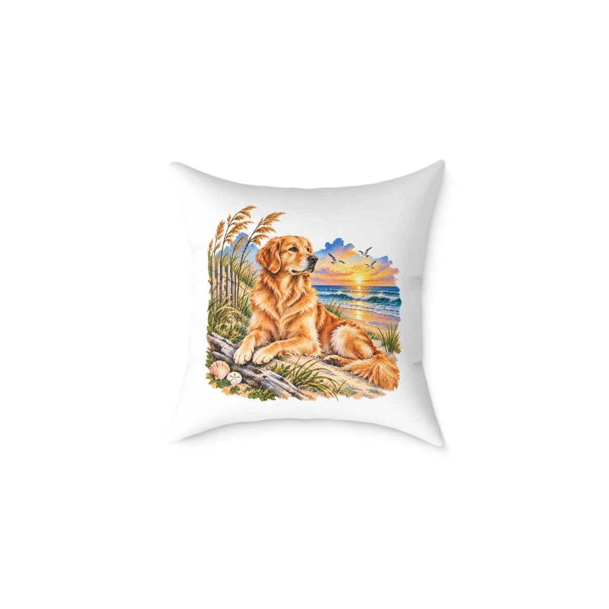 Golden Retriever Coastal North Carolina Sunrise Throw Pillow White Home Decor Collection Beach Dog Decor BarkingDog Shop