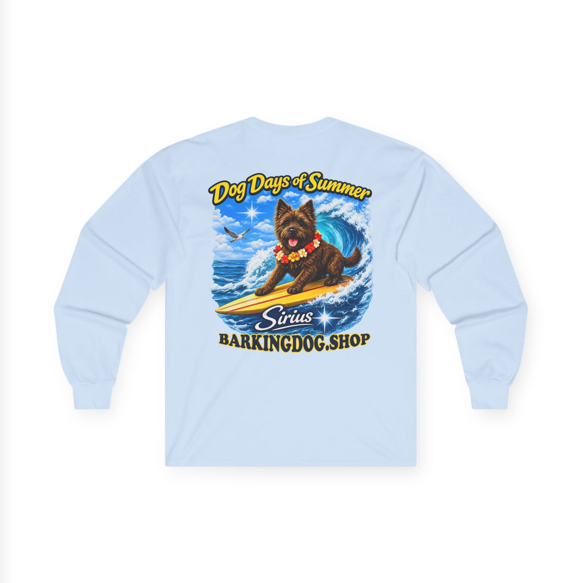 Cairn Terrier Surfboard Long Sleeve T Shirt Dog Days of Summer Beach Collection Wag On BarkingDog Shop