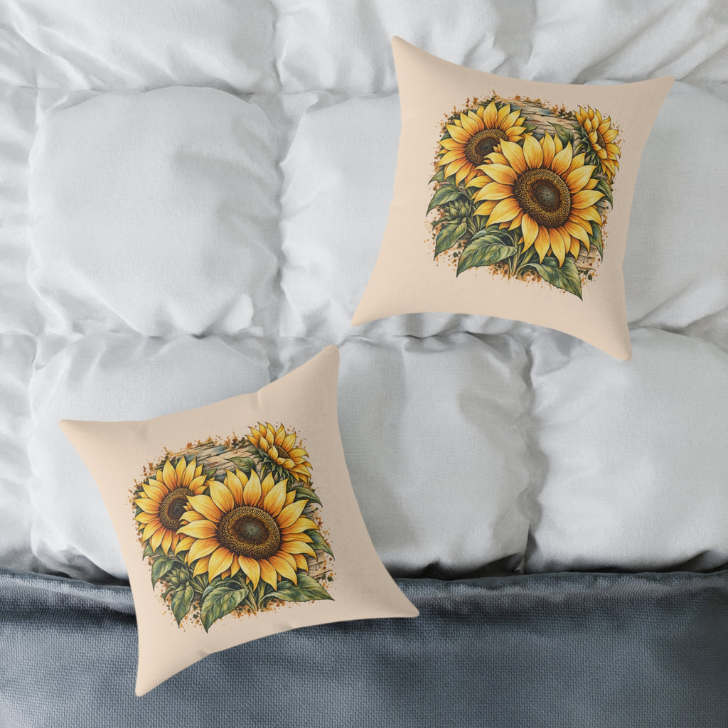 Sunflower Woodcut Relief Throw Pillow Warm Peach Floral Farmhouse Home Decor BarkingDog Shop
