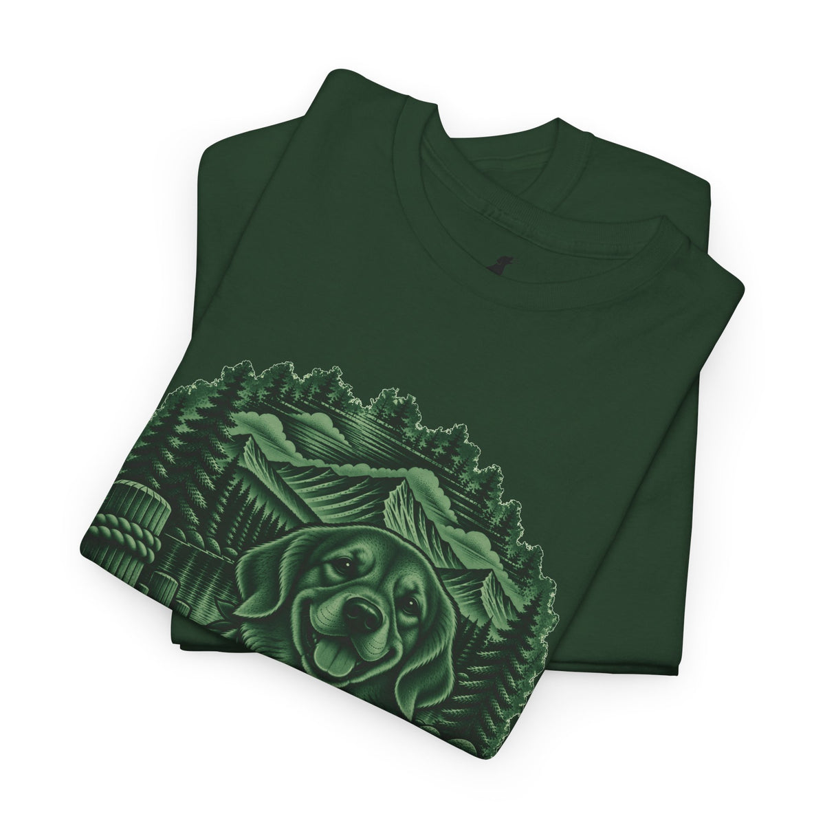 Golden Retriever Mountain Lake Wildlife Woodcut Tee Green Outdoor Canine Graphic T-Shirt BarkingDog Shop