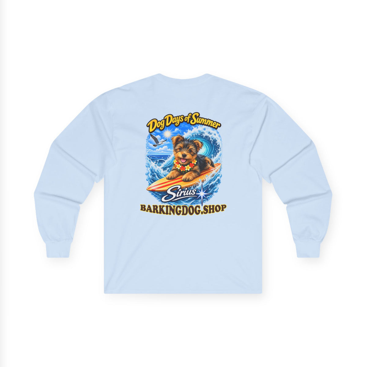 Yorkshire Terrier Surfboard Long Sleeve T Shirt Dog Days of Summer Beach Collection Wag On BarkingDog Shop