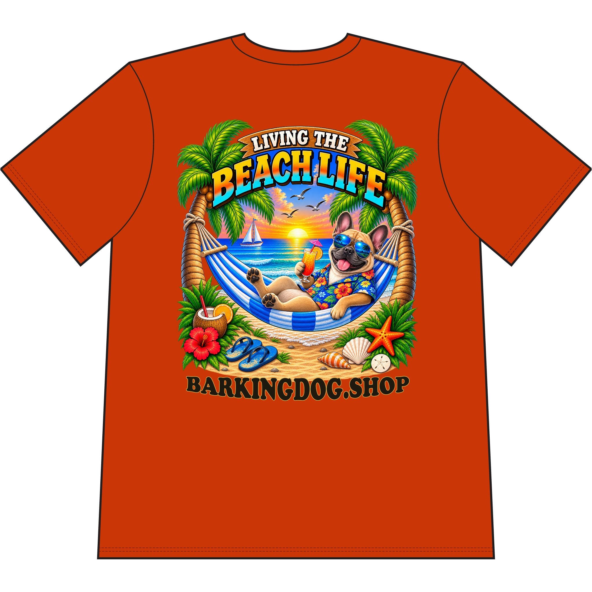 French Bulldog Beach Life Canine T Shirt Beach Collection Living the Beach Life Tropical Graphic Tee Wag On BarkingDog Shop