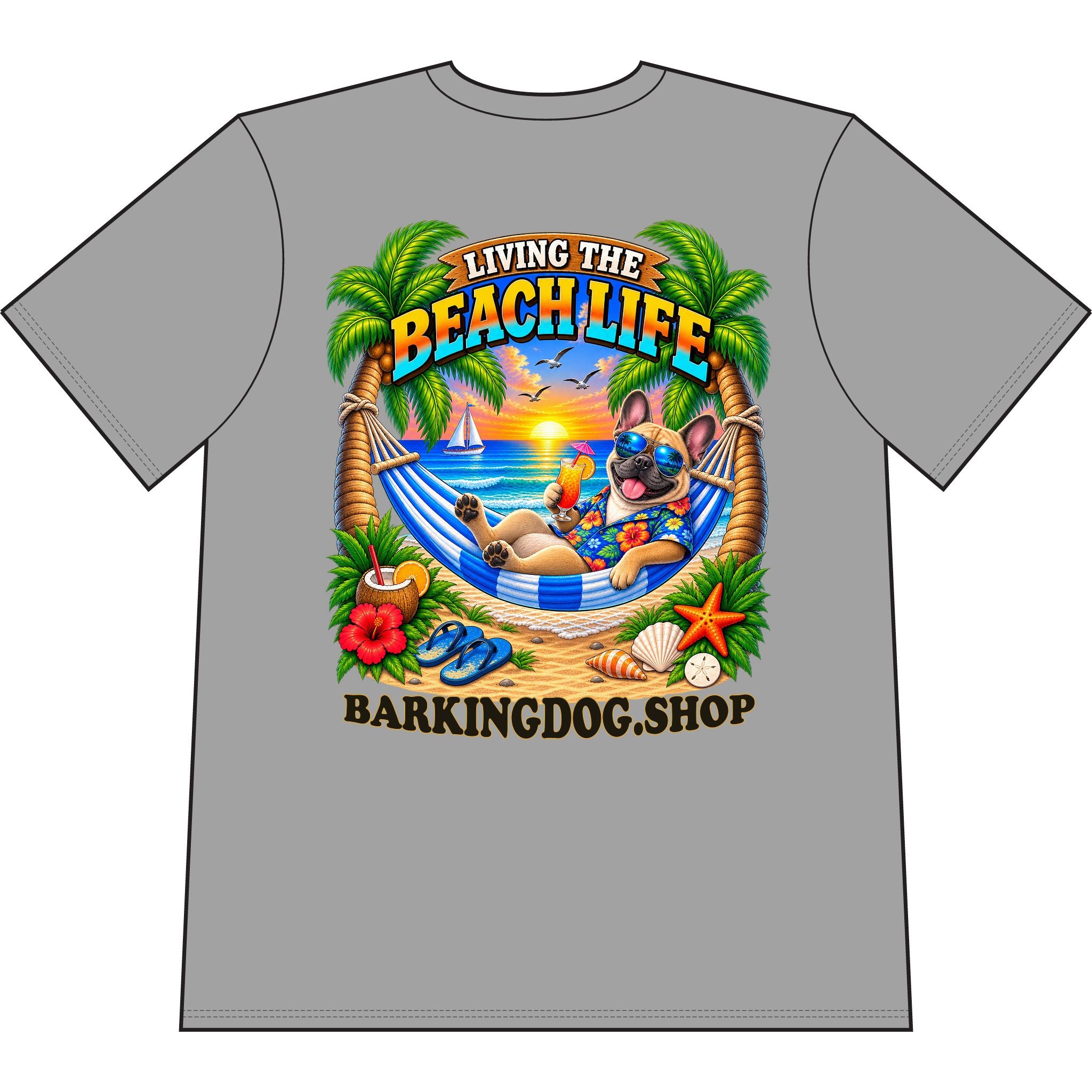 French Bulldog Beach Life Canine T Shirt Beach Collection Living the Beach Life Tropical Graphic Tee Wag On BarkingDog Shop