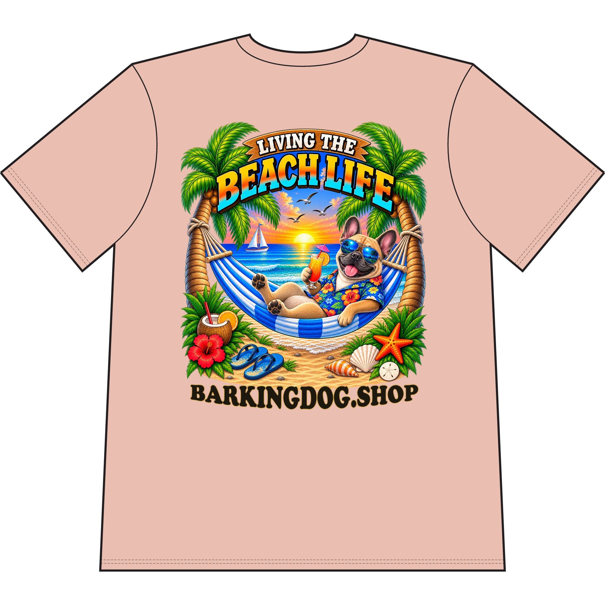 French Bulldog Beach Life Canine T Shirt Beach Collection Living the Beach Life Tropical Graphic Tee Wag On BarkingDog Shop