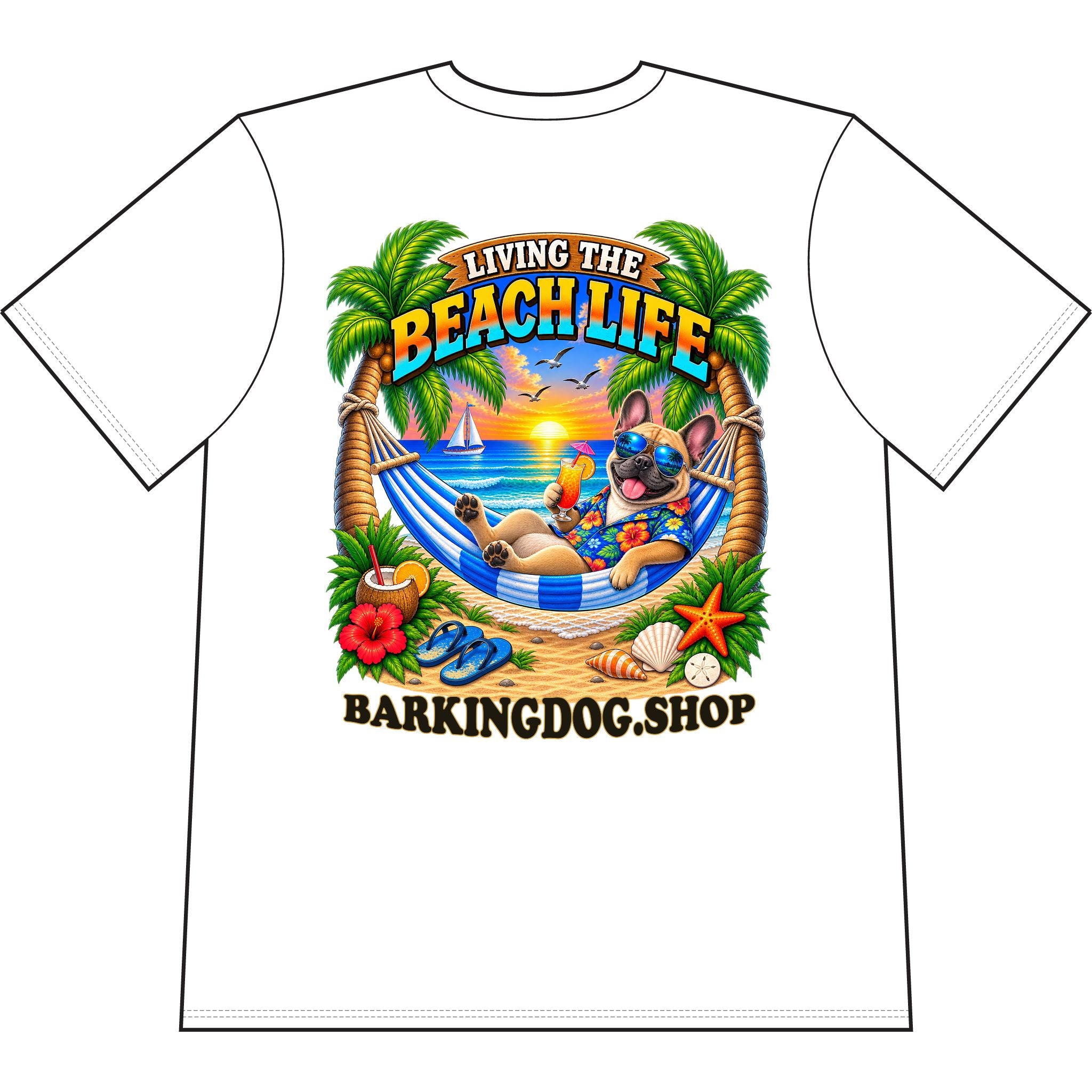 French Bulldog Beach Life Canine T Shirt Beach Collection Living the Beach Life Tropical Graphic Tee Wag On BarkingDog Shop