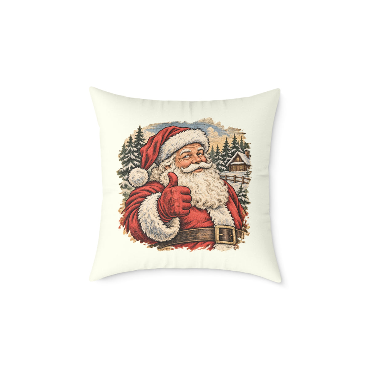 Santa Thumbs Up Woodcut Relief Throw Cushion Ivory Holiday Decoration BarkingDog Shop