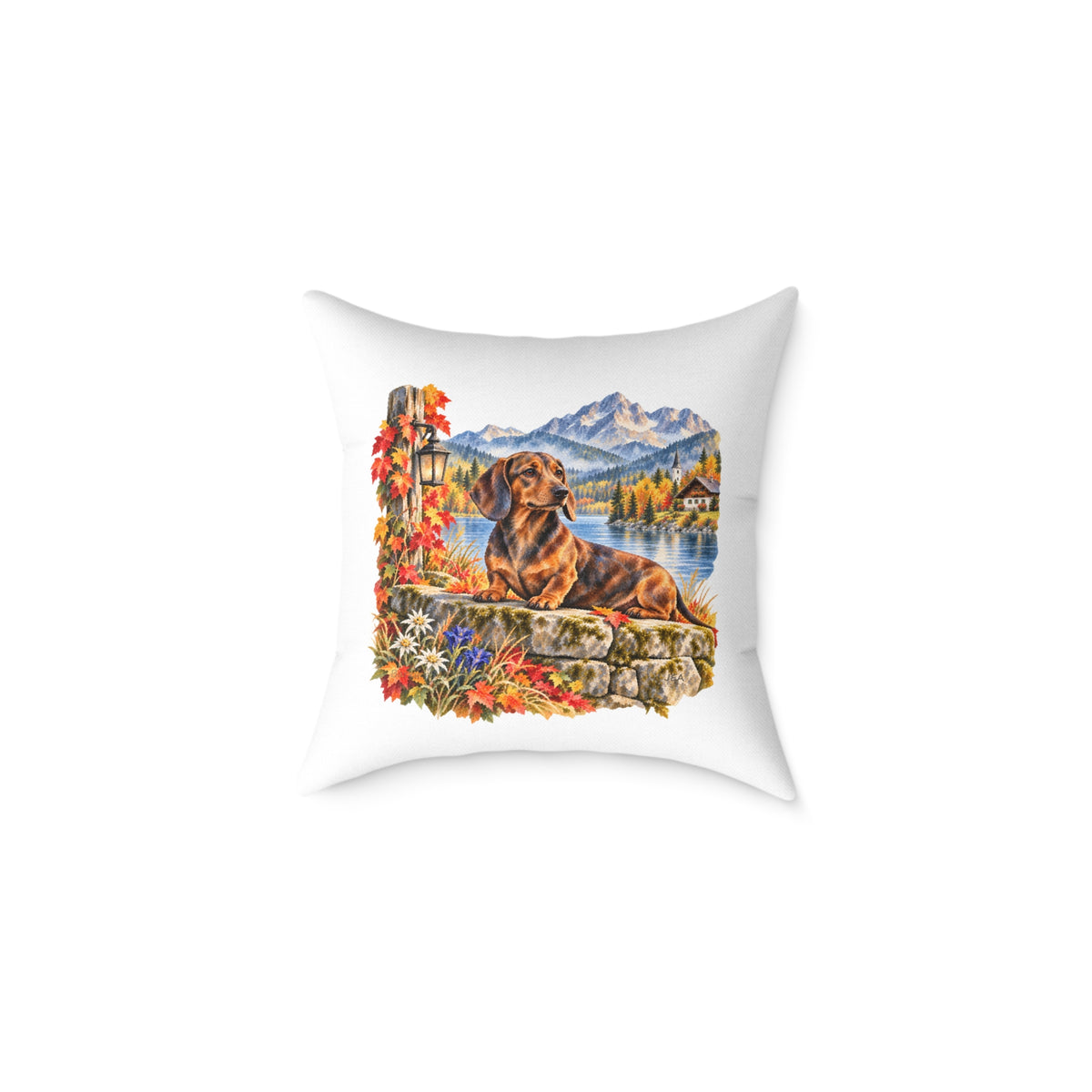 Dachshund Bavarian Alps Autumn Throw Pillow White Home Decor Collection Alpine Lake Dog Decor BarkingDog Shop