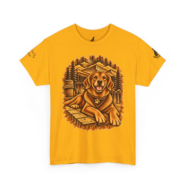 Golden Retriever Mountain Lake Wildlife Woodcut Tee Gold Outdoor Canine Graphic T-Shirt BarkingDog Shop