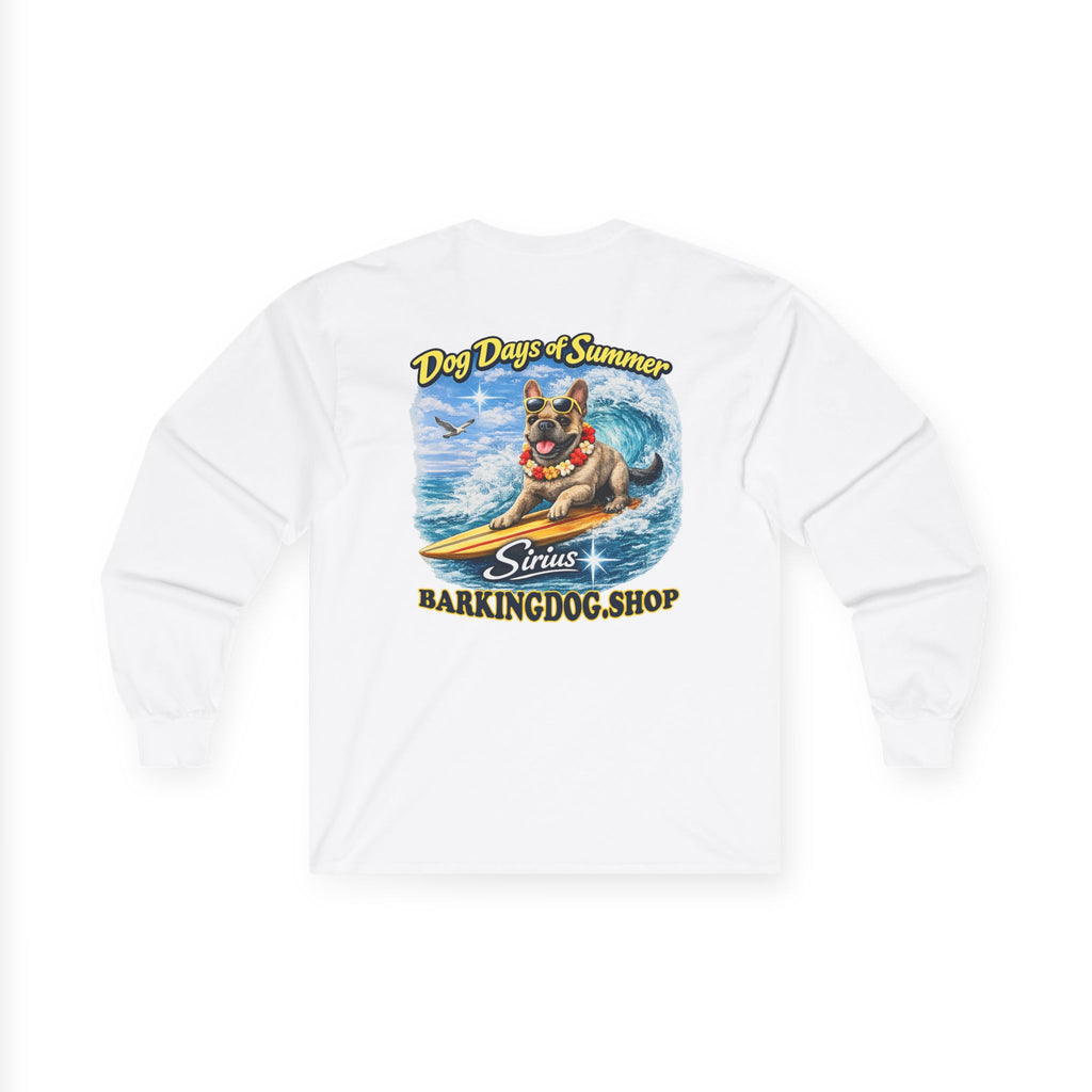 French Bulldog Dog Days of Summer Surfboard Long Sleeve T Shirt Beach Collection Surfing Dog Graphic Tee Wag On BarkingDog Shop