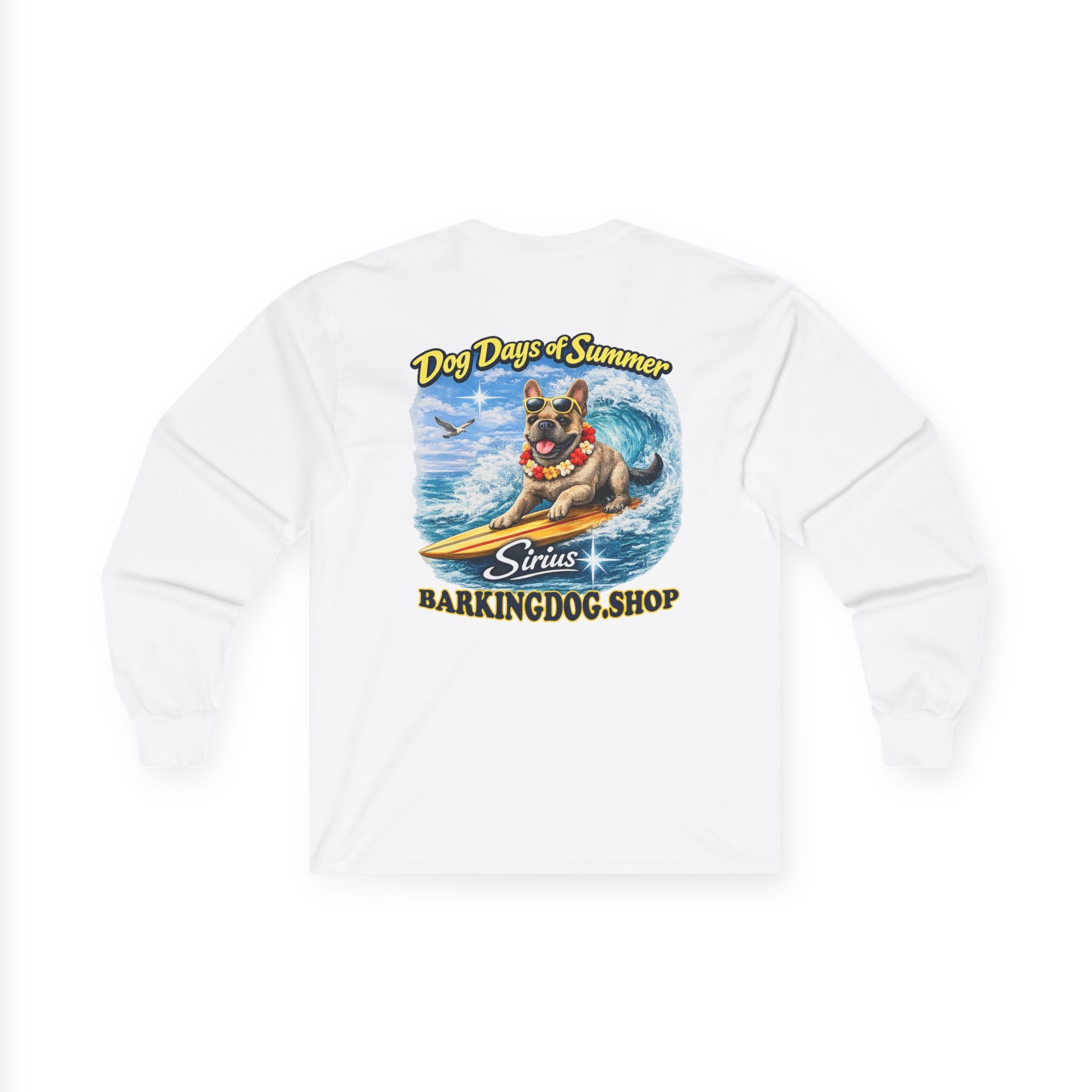 French Bulldog Dog Days of Summer Surfboard Long Sleeve T Shirt Beach Collection Surfing Dog Graphic Tee Wag On BarkingDog Shop
