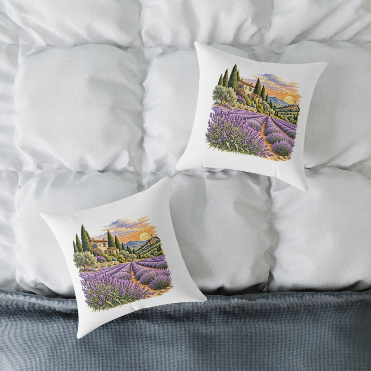 Lavender Fields Woodcut Relief Throw Pillow White Floral Landscape Home Decor BarkingDog Shop