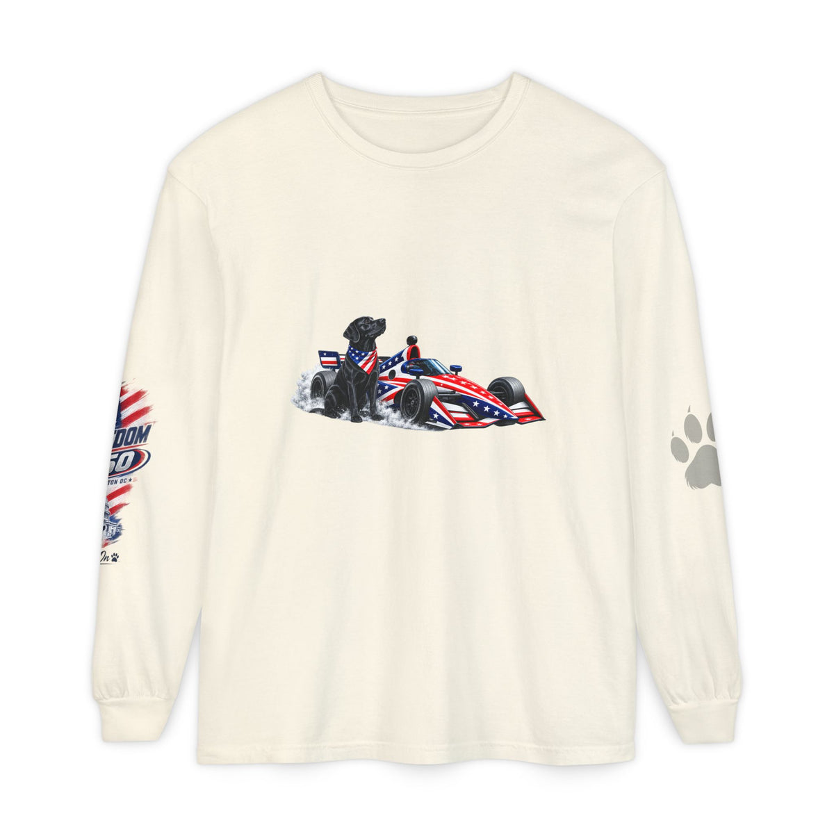 American Freedom 250 Long Sleeve T Shirt USA Country 250th Anniversary Patriotic Racing Dog Tee Wag On BarkingDog Shop