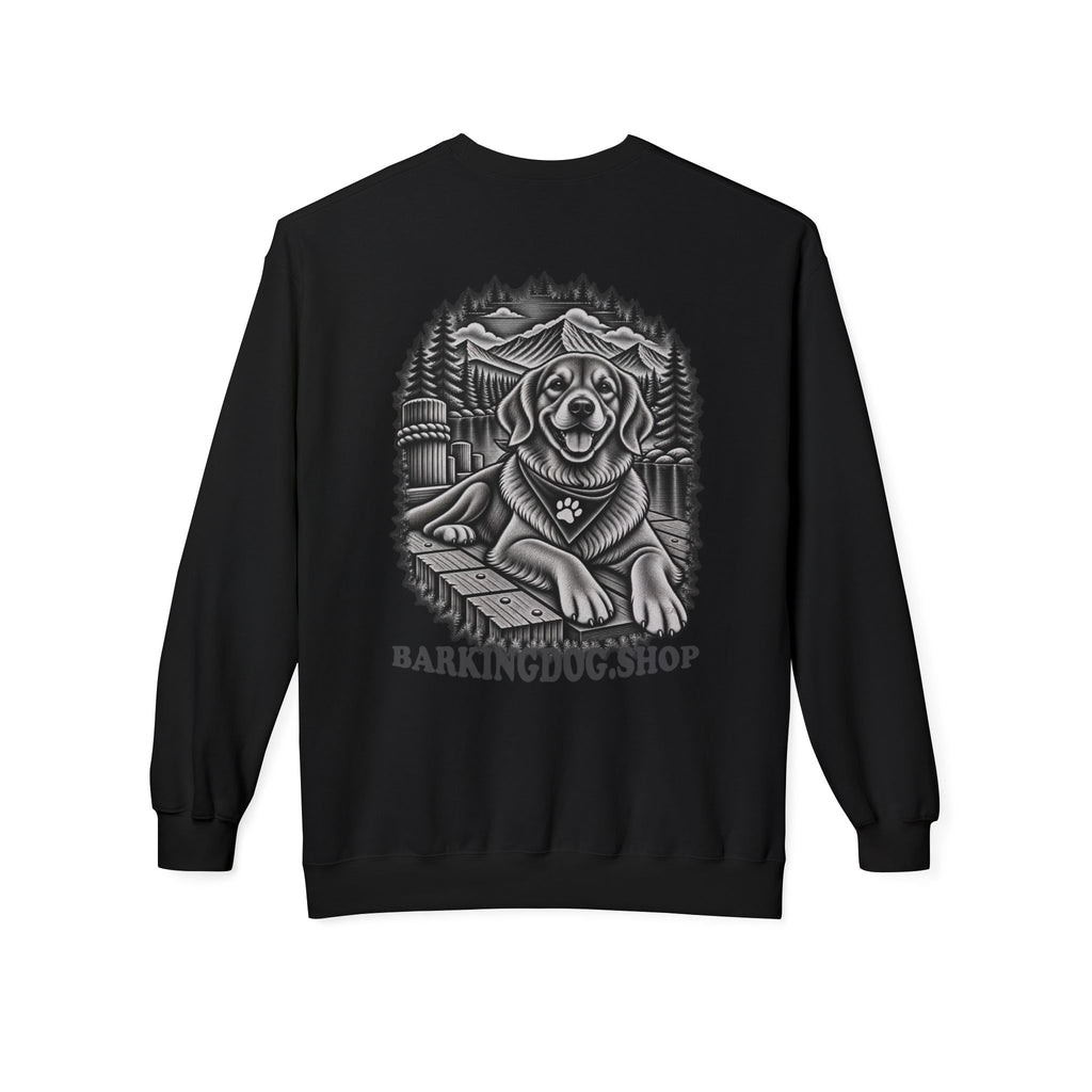 Golden Retriever Mountain Lake Wildlife Woodcut Crewneck Sweatshirt BLACK Outdoor Dog Lover Apparel BarkingDog Shop