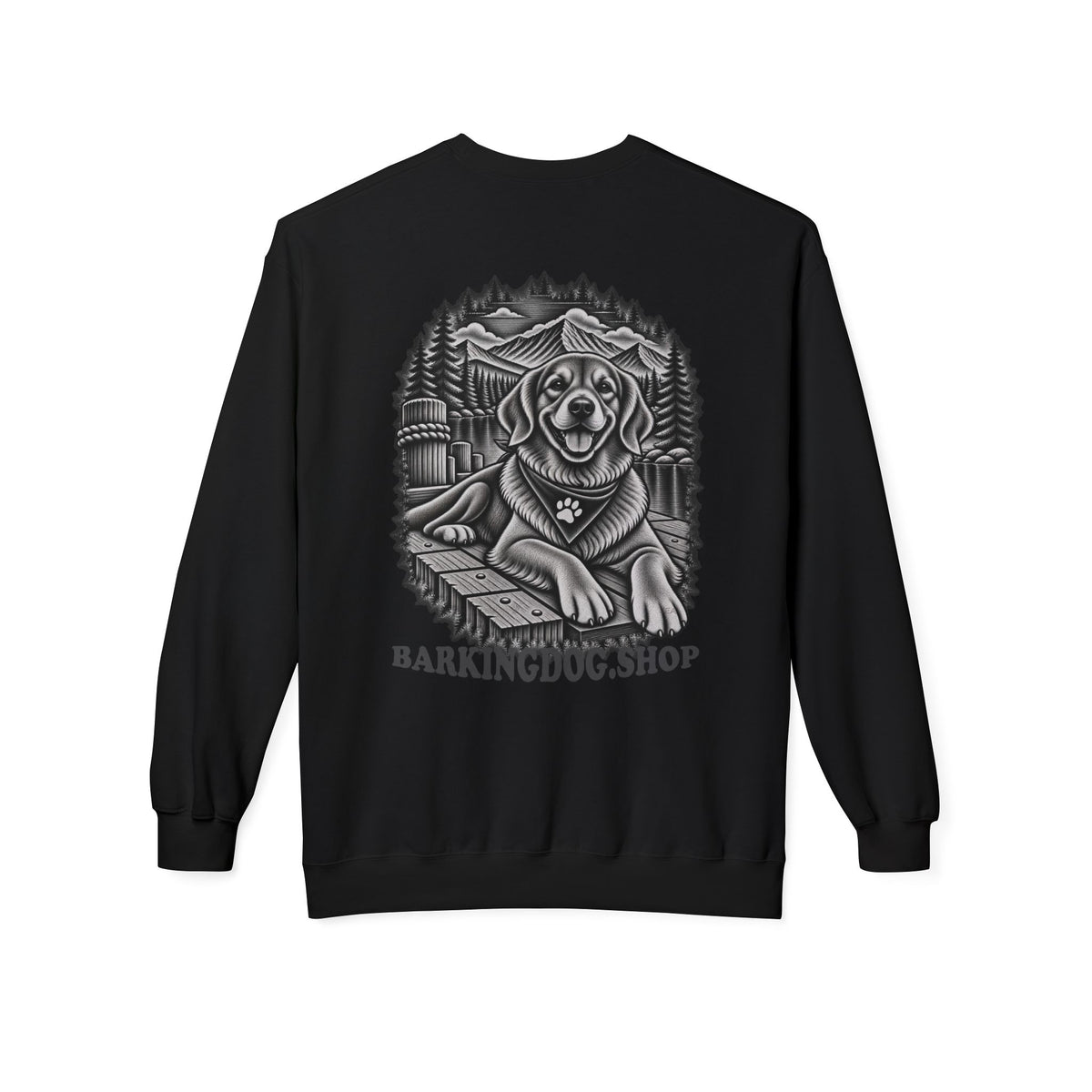Golden Retriever Mountain Lake Wildlife Woodcut Crewneck Sweatshirt BLACK Outdoor Dog Lover Apparel BarkingDog Shop