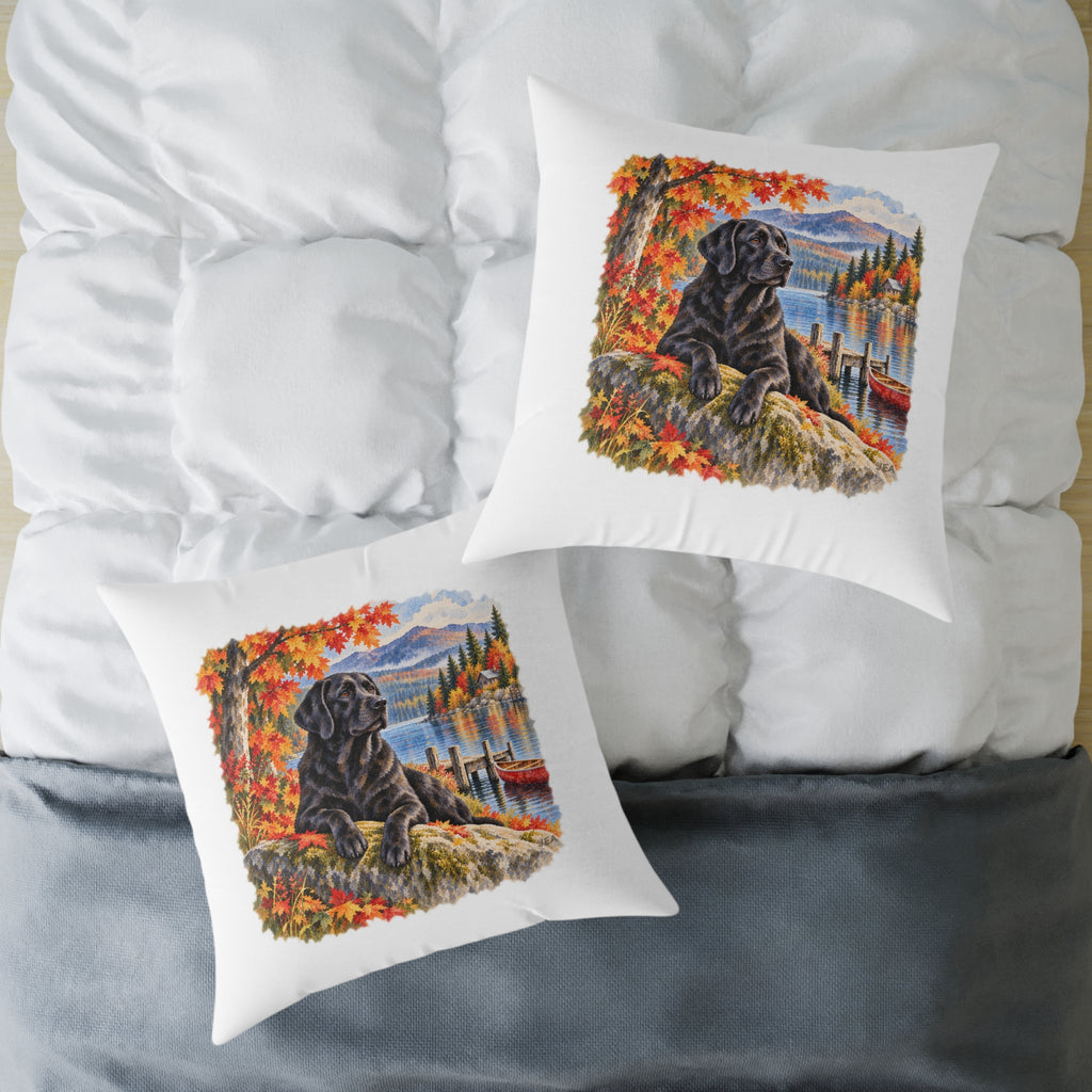 Black Labrador Maine Lake Autumn Throw Pillow White Home Decor Collection Fall Mountain Dog Decor BarkingDog Shop