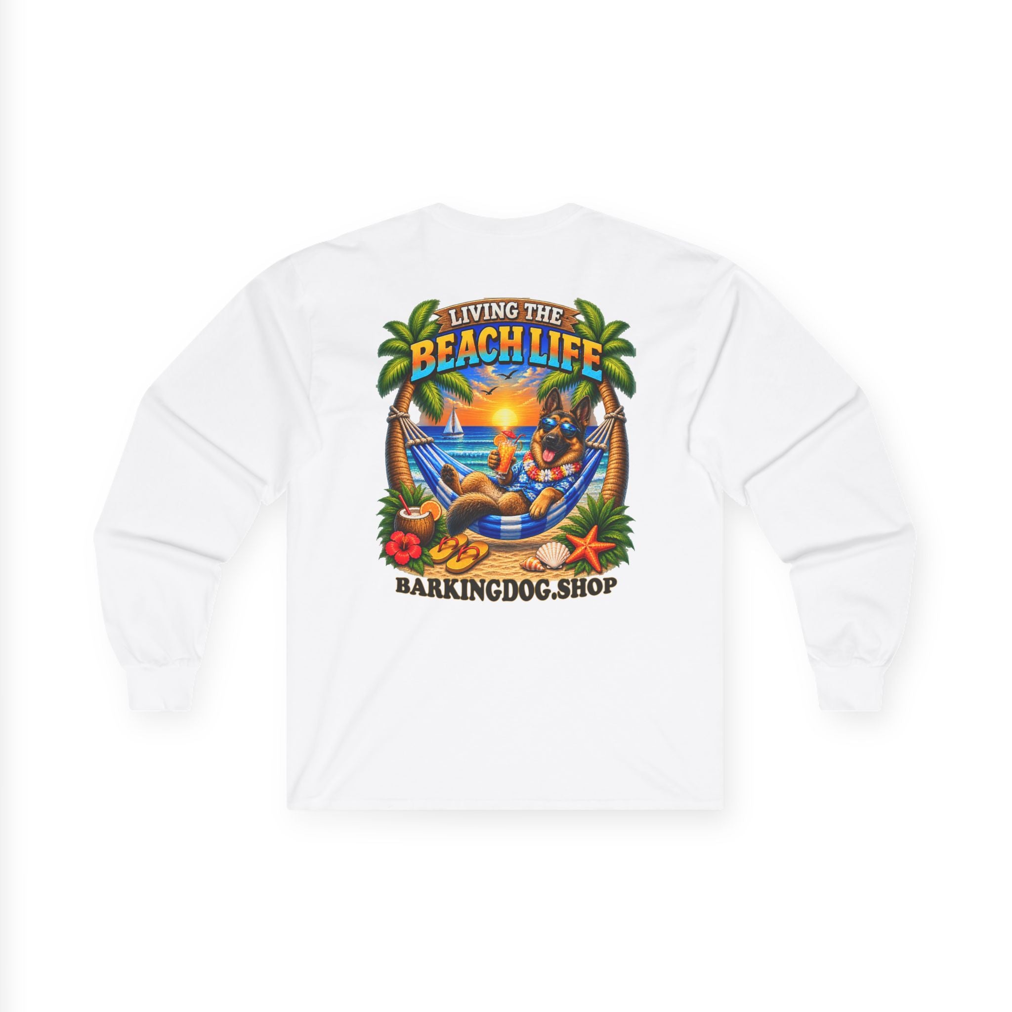 German Shepherd Beach Life Canine Long Sleeve T Shirt Beach Collection Hammock Tropical Dog Graphic Tee Wag On BarkingDog Shop