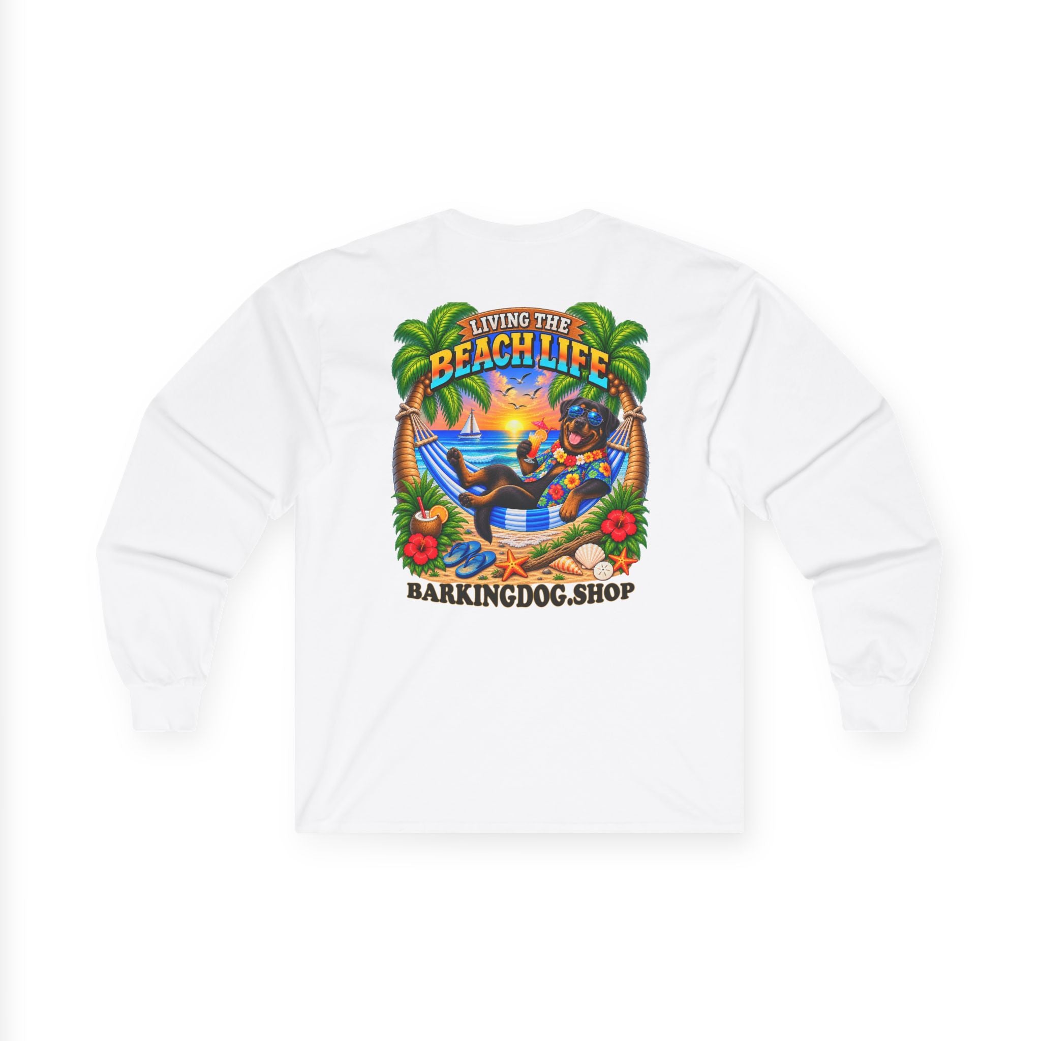 Rottweiler Beach Life Canine Long Sleeve T Shirt Beach Collection Hammock Tropical Dog Graphic Tee Wag On BarkingDog Shop