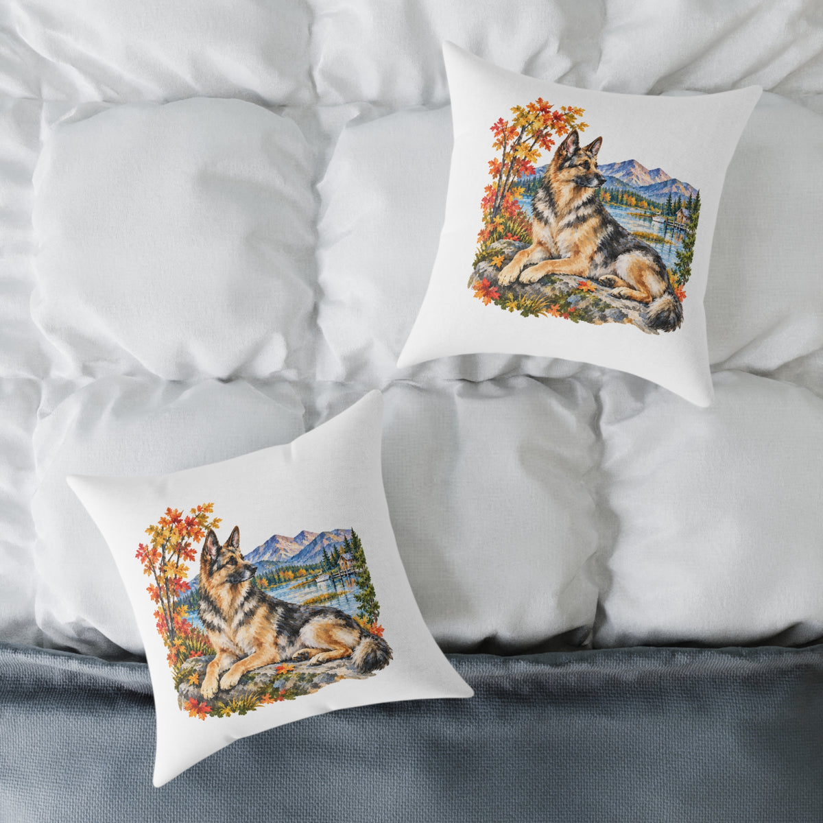 German Shepherd Scenic Autumn Throw Pillow White Home Decor Collection Mountain Lake Dog Decor BarkingDog Shop