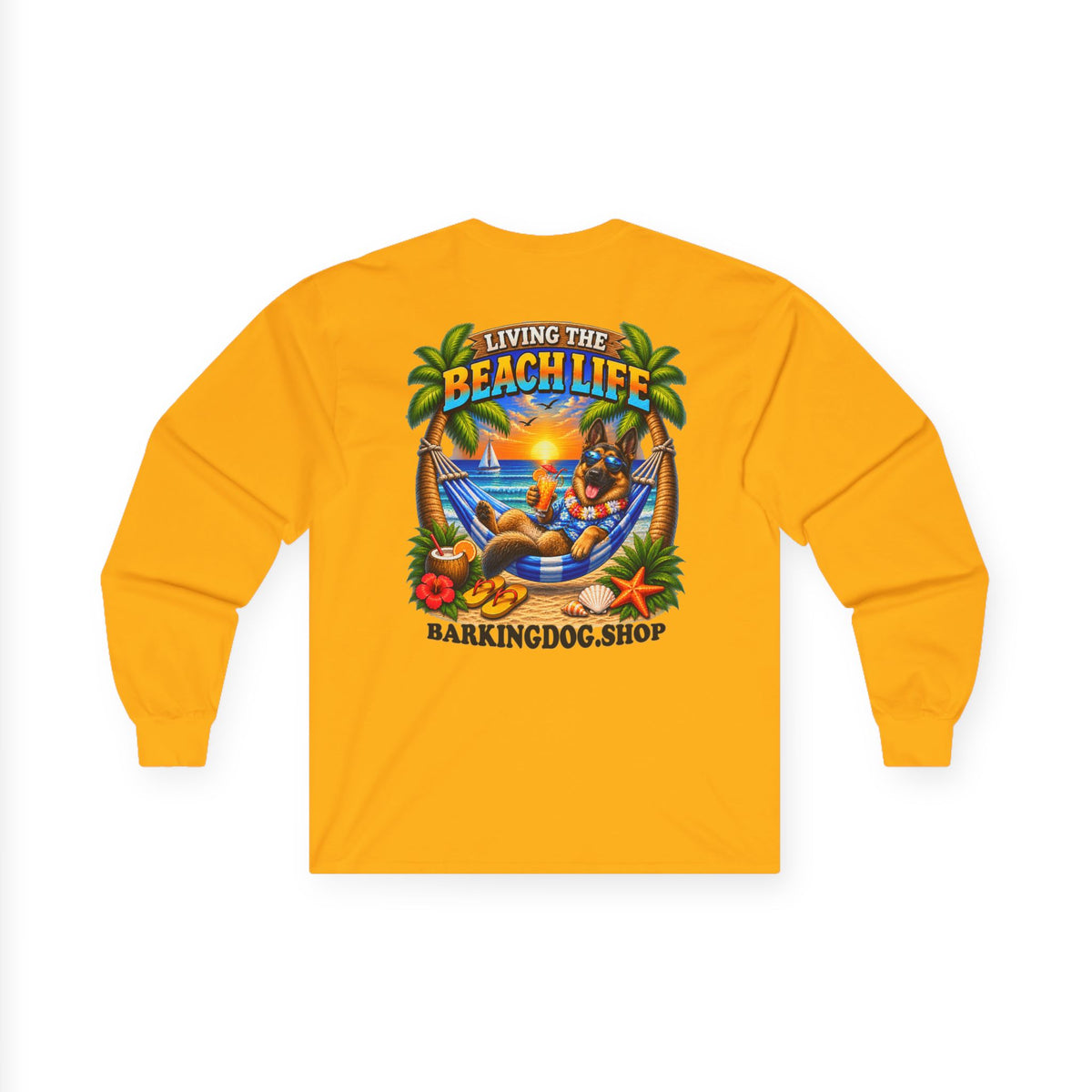 German Shepherd Beach Life Canine Long Sleeve T Shirt Beach Collection Hammock Tropical Dog Graphic Tee Wag On BarkingDog Shop
