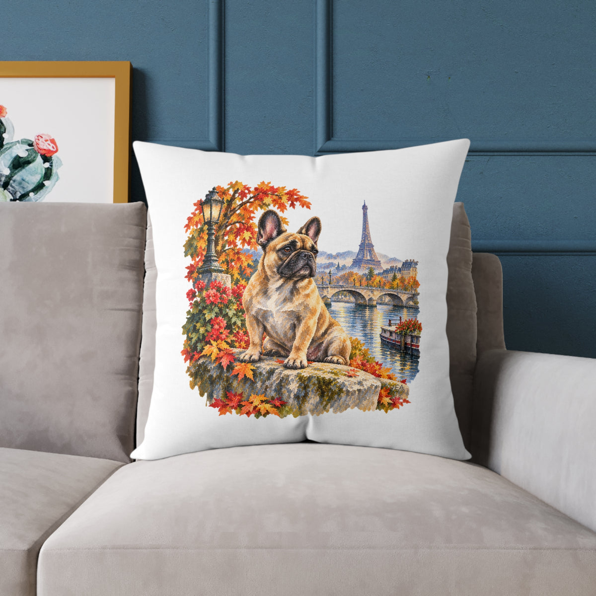 French Bulldog Paris in Autumn Throw Pillow White Home Decor Collection Eiffel Tower Scenic Dog Decor BarkingDog Shop