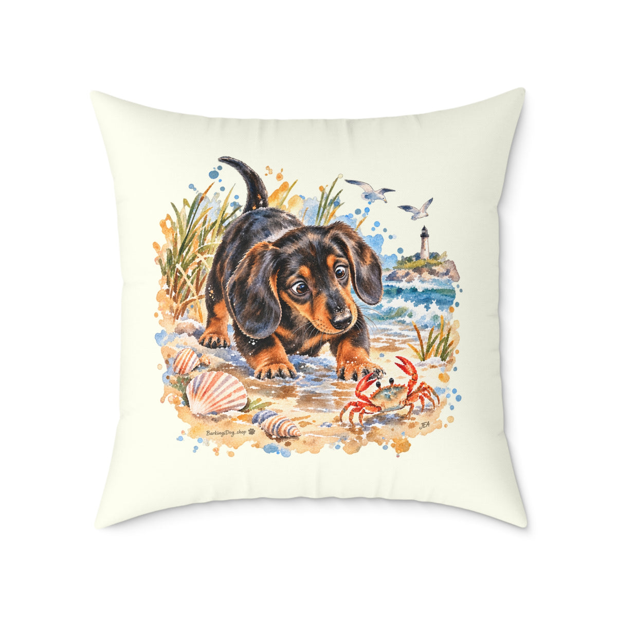 Dachshund Bewildered by Crab Beach Throw Pillow Ivory Home Decor Collection Funny Coastal Dog Decor BarkingDog Shop